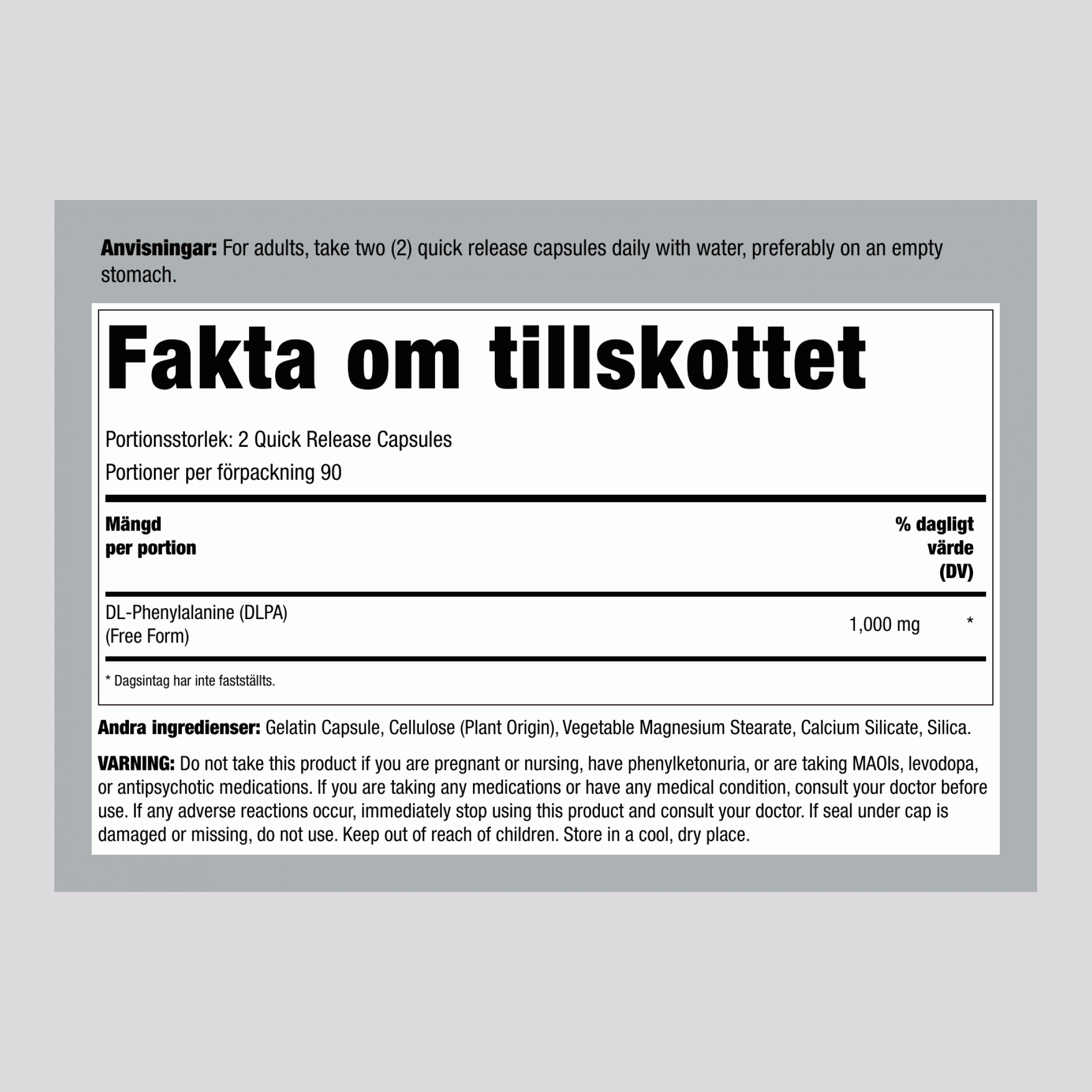 DL-Fenylalanin (DLPA), 1000 mg (per portion), 180 Snabbfrigörande Kapslar