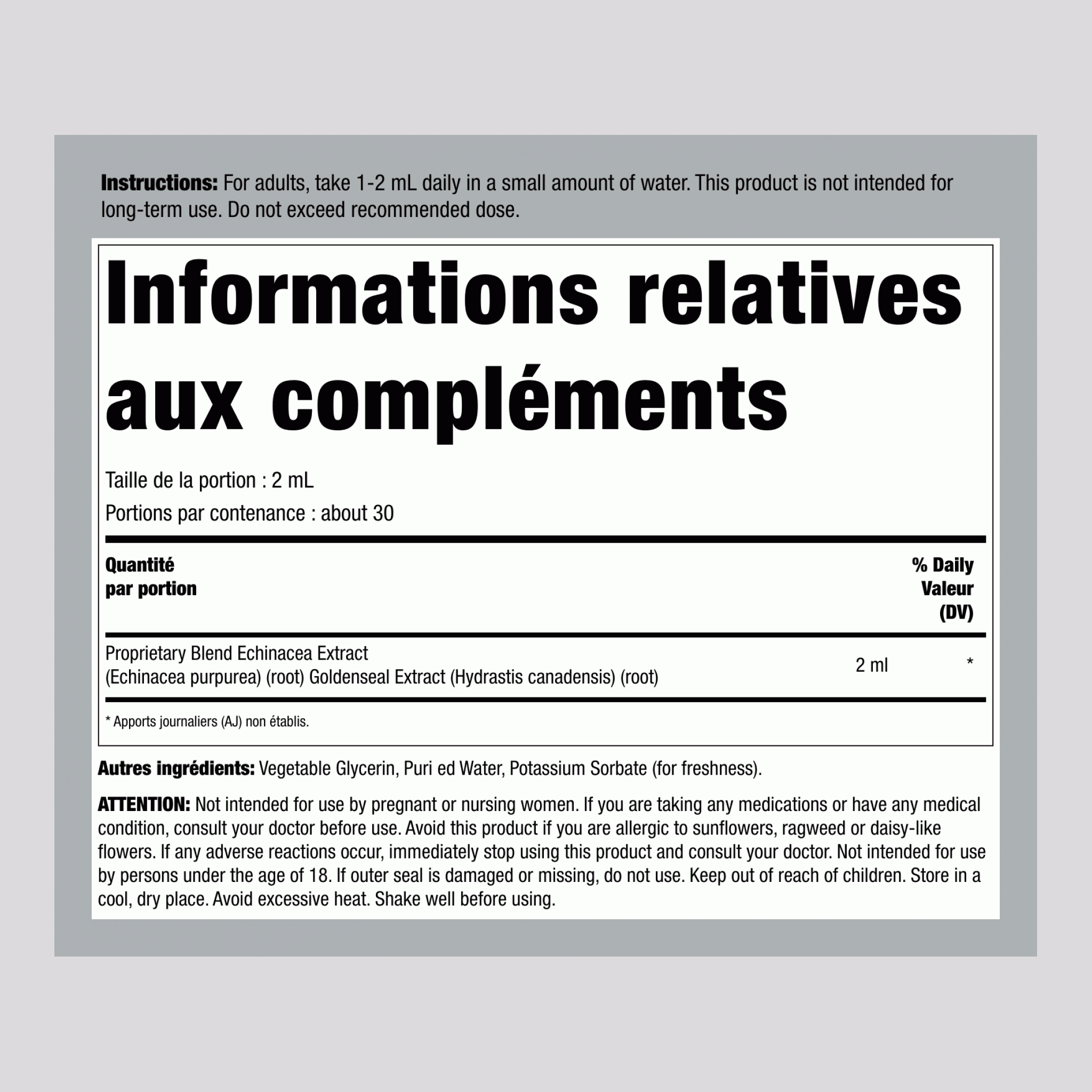 Extrait Liquide d'Échinacée et de Sceau d'Or sans Alcool, 2 fl oz (59 mL) Bouteille avec Compte-gouttes