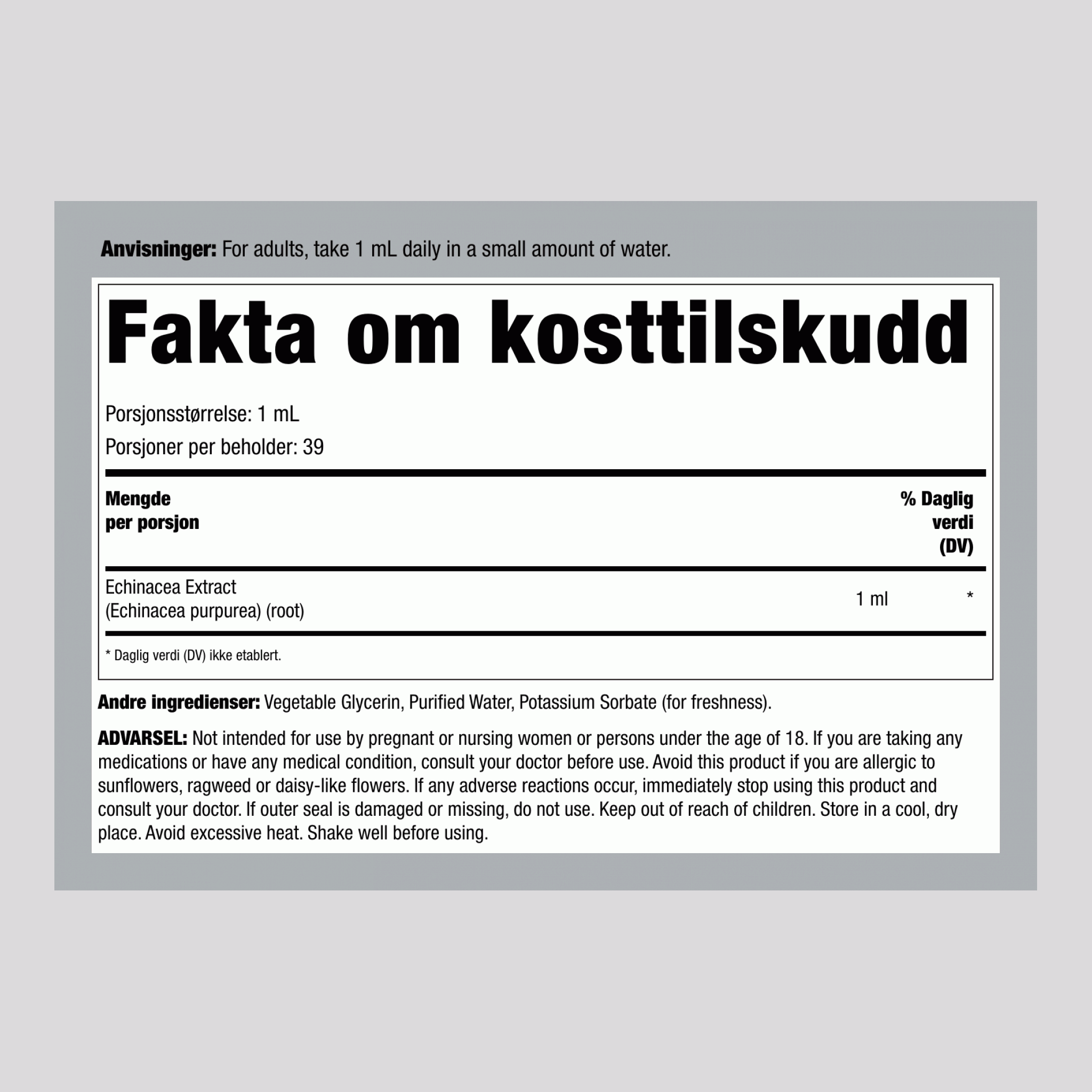 Echinacea Flytende Ekstrakt Uten Alkohol, 59 ml Dråpeflaske