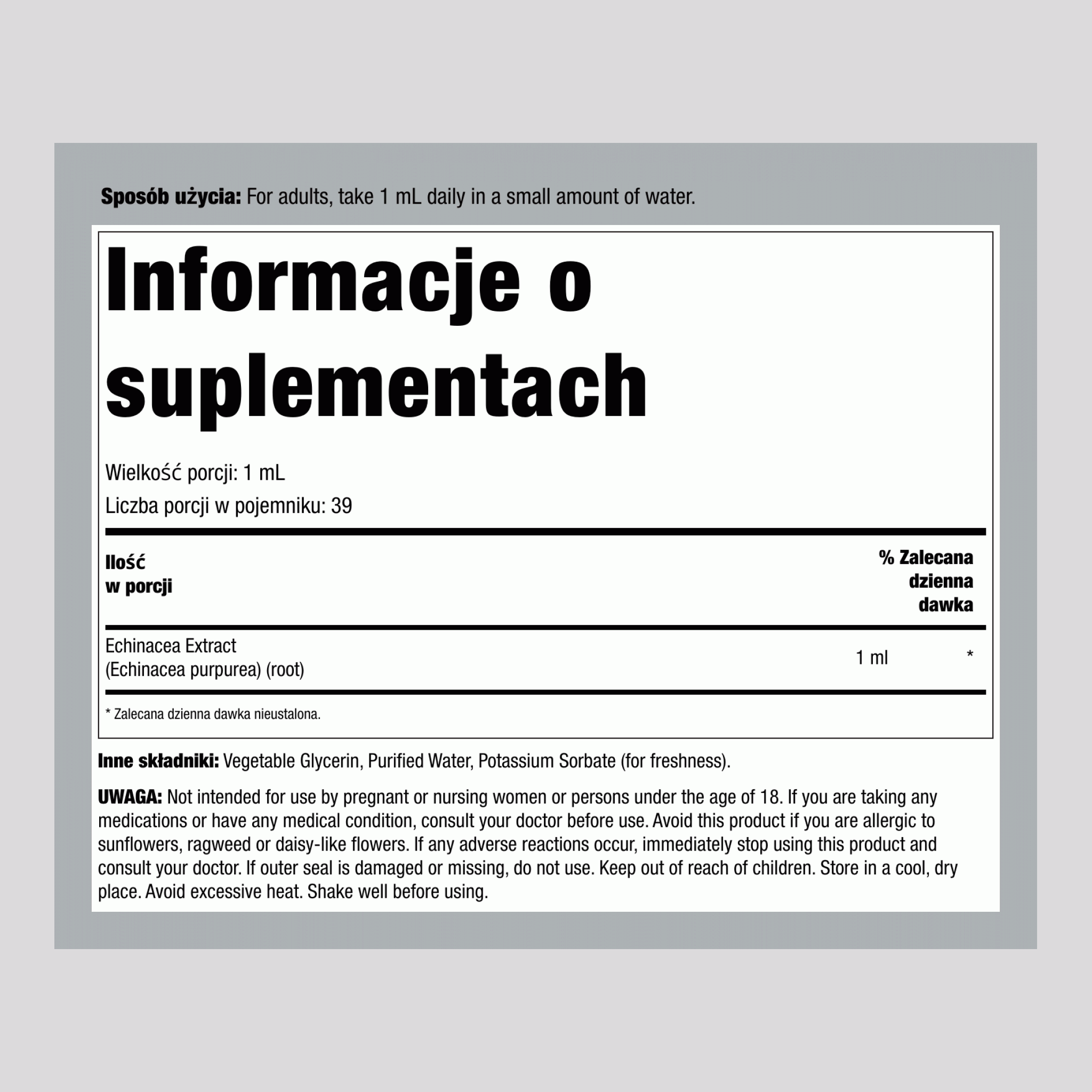 Płynny ekstrakt z jeżówki bez alkoholu, butelka z zakraplaczem 59 ml (2 fl oz)