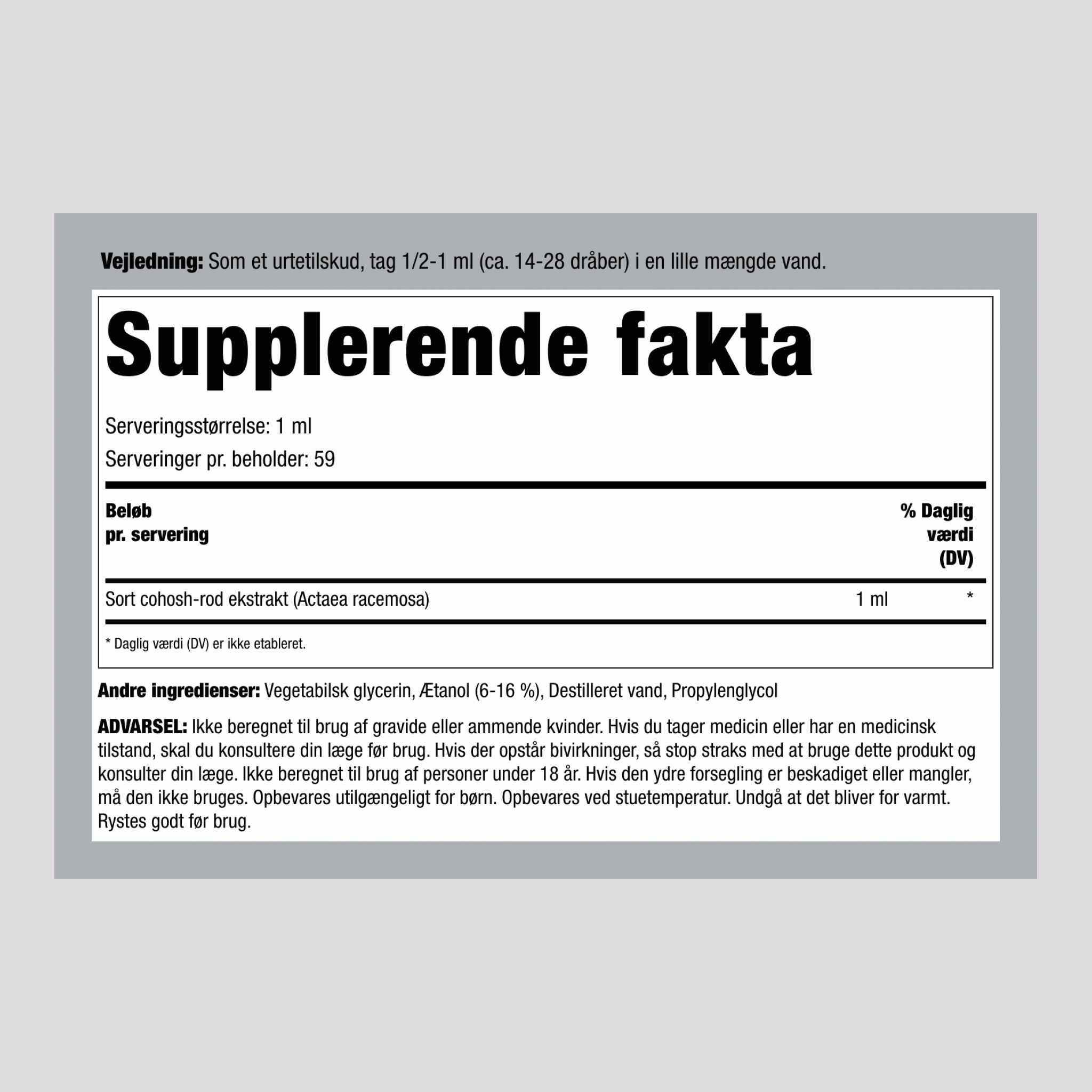 Sort tinkturopløsning af sort cohosh-rod uden alkohol, 59 ml dråbeflaske