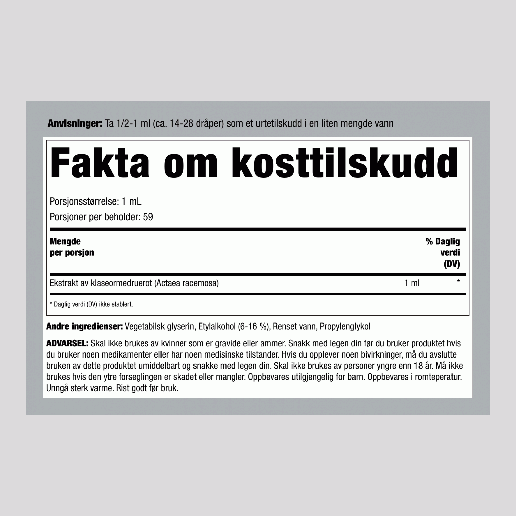 Svart Cohosh-rot Flytende Ekstrakt Uten Alkohol, 59 ml (2 fl oz) Pipetteflaske