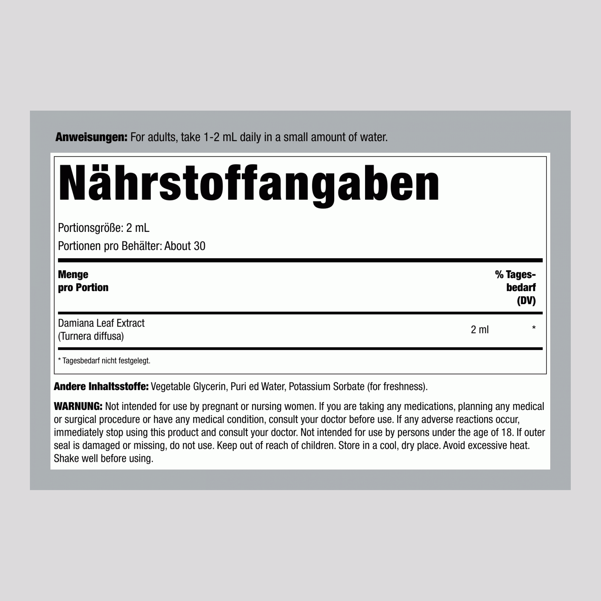 Damiana-Blatt Flüssigextrakt alkoholfrei, 59 ml (2 fl oz) Tropfflasche