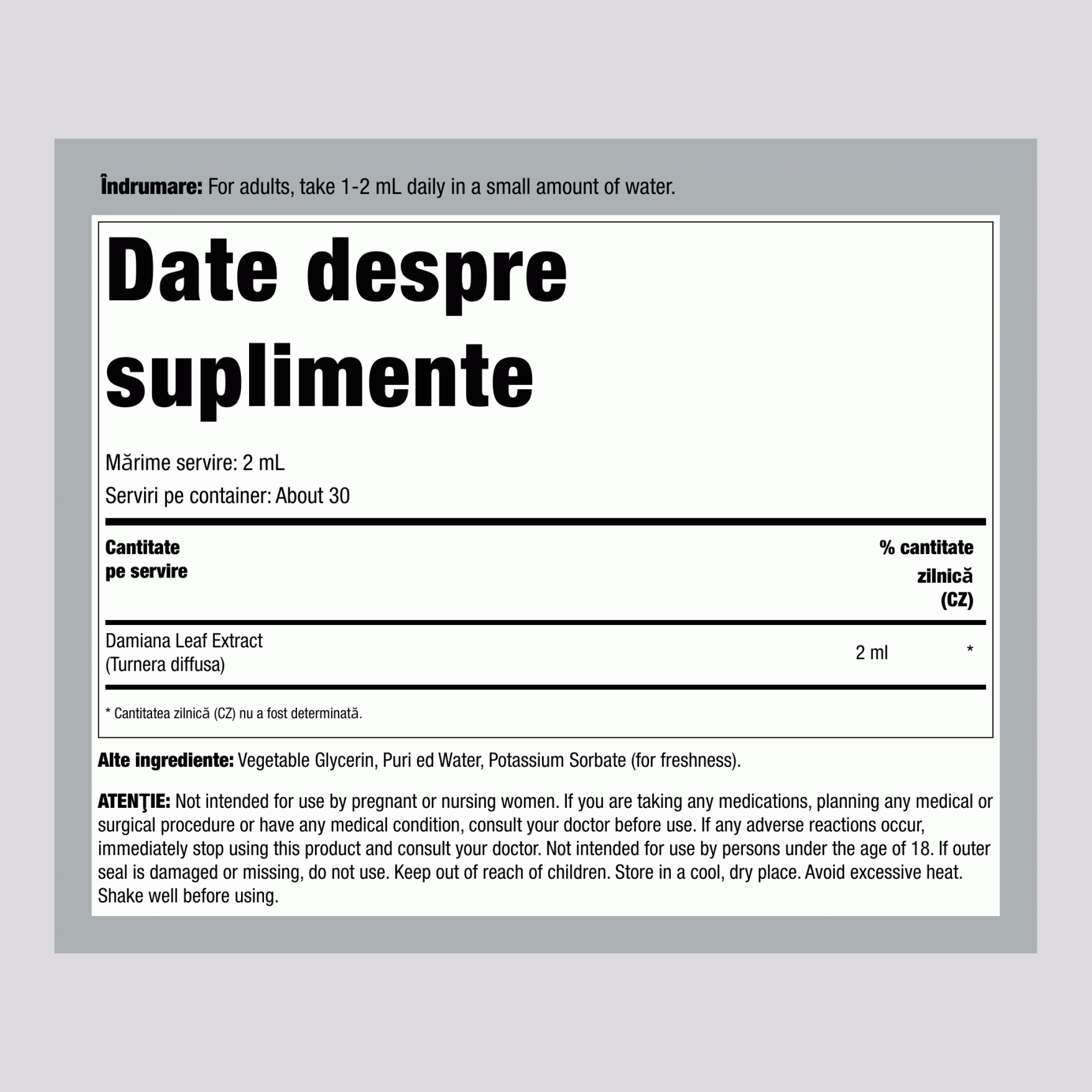 Extract Liquid din Frunze de Damiana Fără Alcool, 59 ml (2 fl oz) Sticlă cu Pipetă