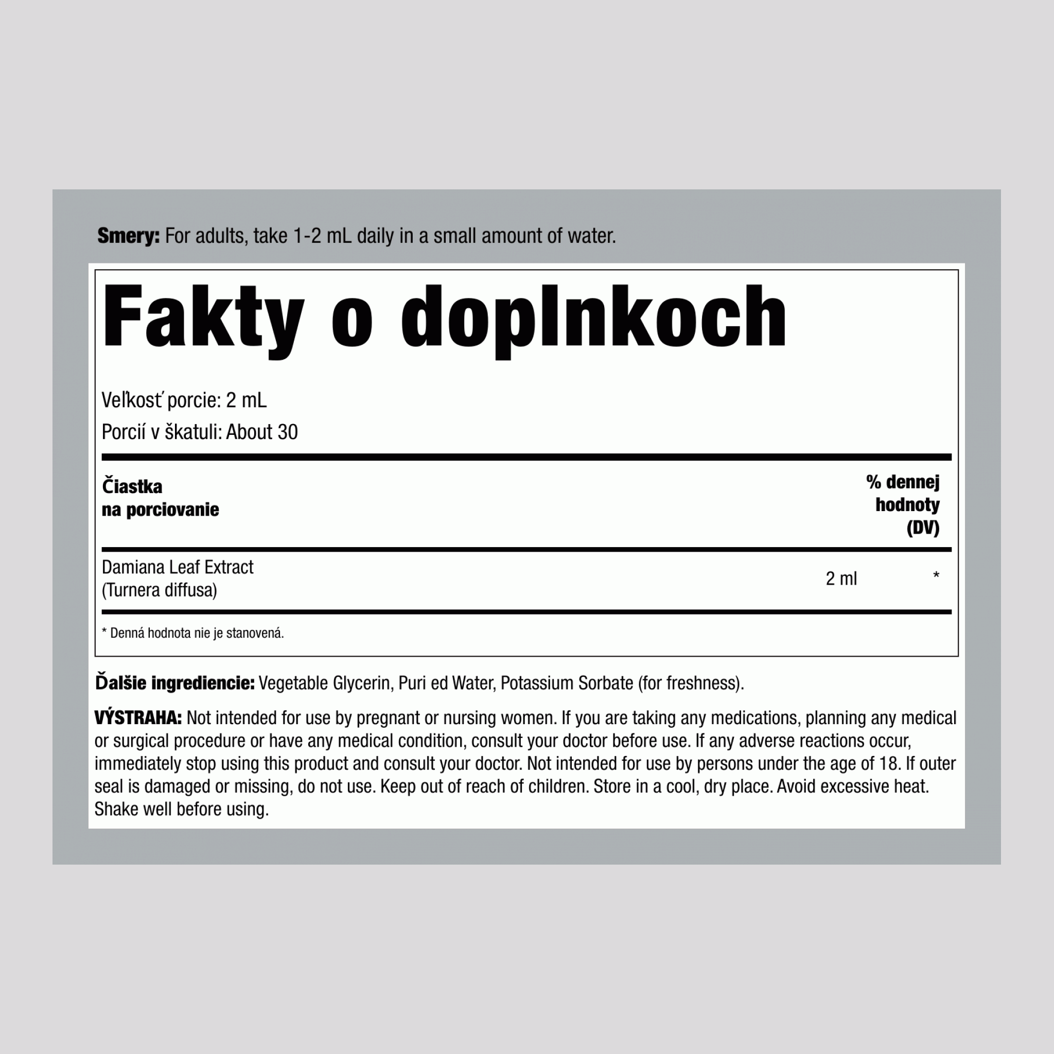 Tekutý extrakt z listu Damiany bez alkoholu, 2 fl oz (59 mL) fľaštička s pipetou