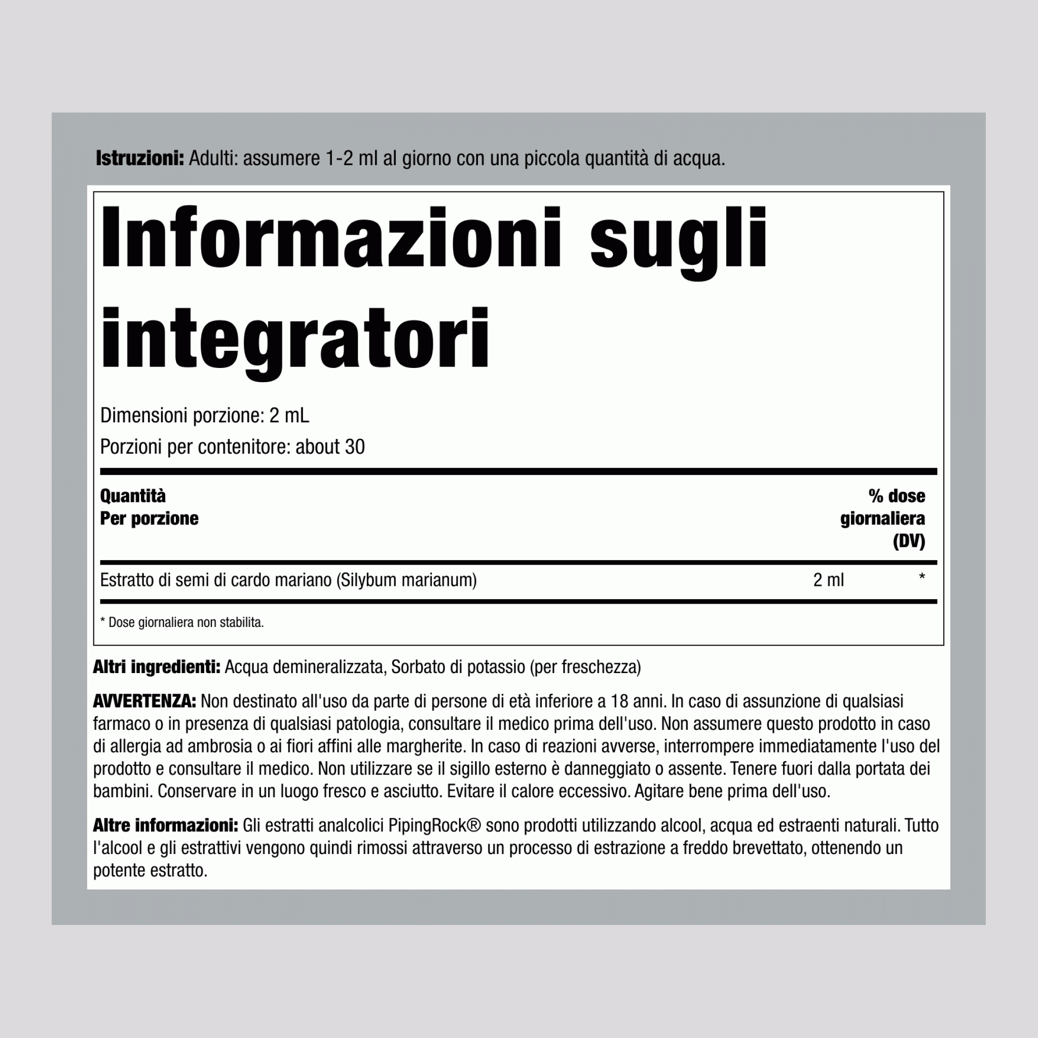 Estratto Liquido di Cardo Mariano Senza Alcol, 59 mL, Flacone con Contagocce