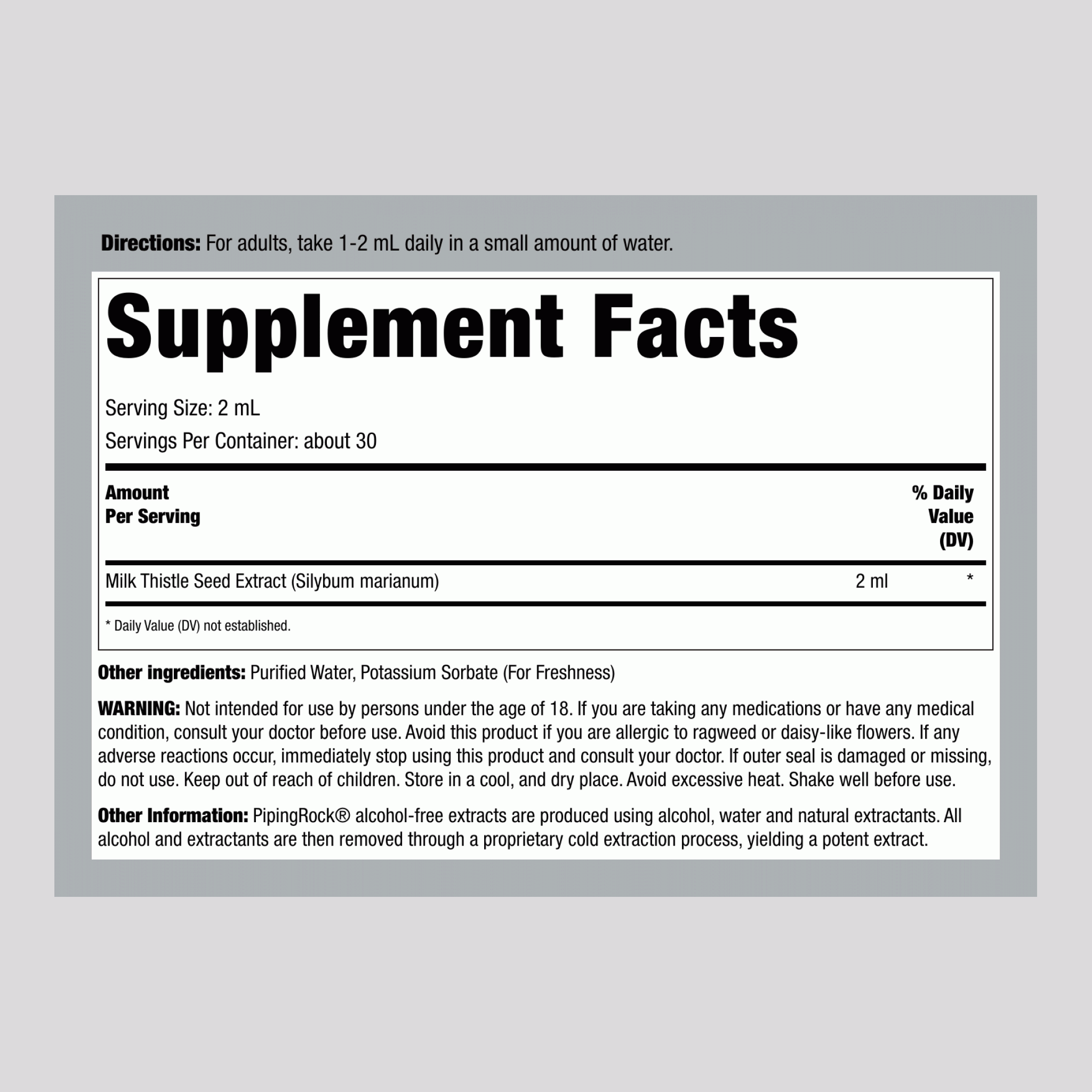 奶薊種子液體提取物 無酒精配方，2 液體盎司 (59 mL) 滴管瓶