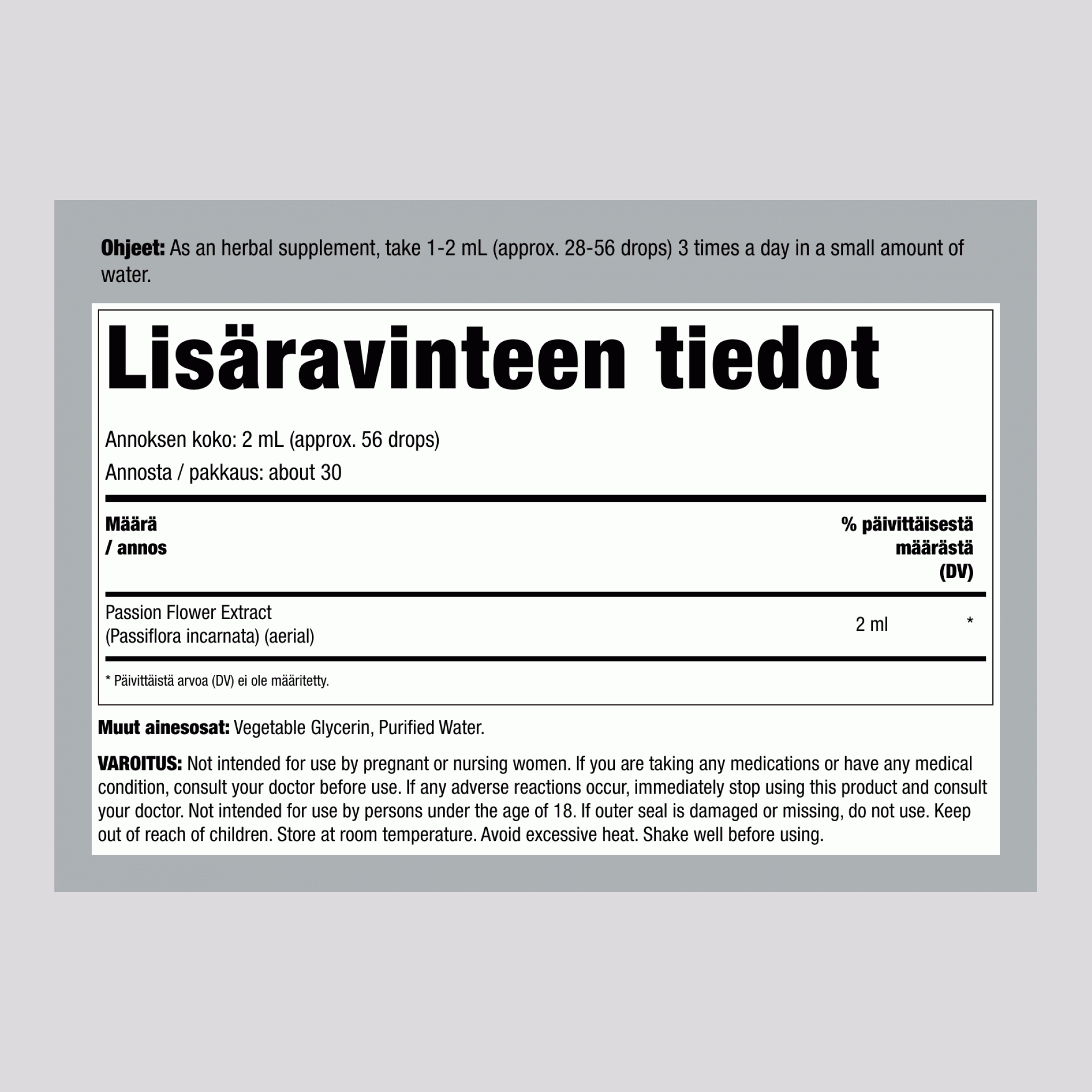 Kärsimyskukkauutteen alkoholiton neste, 59 ml:n (2 fl oz) pipettipullo