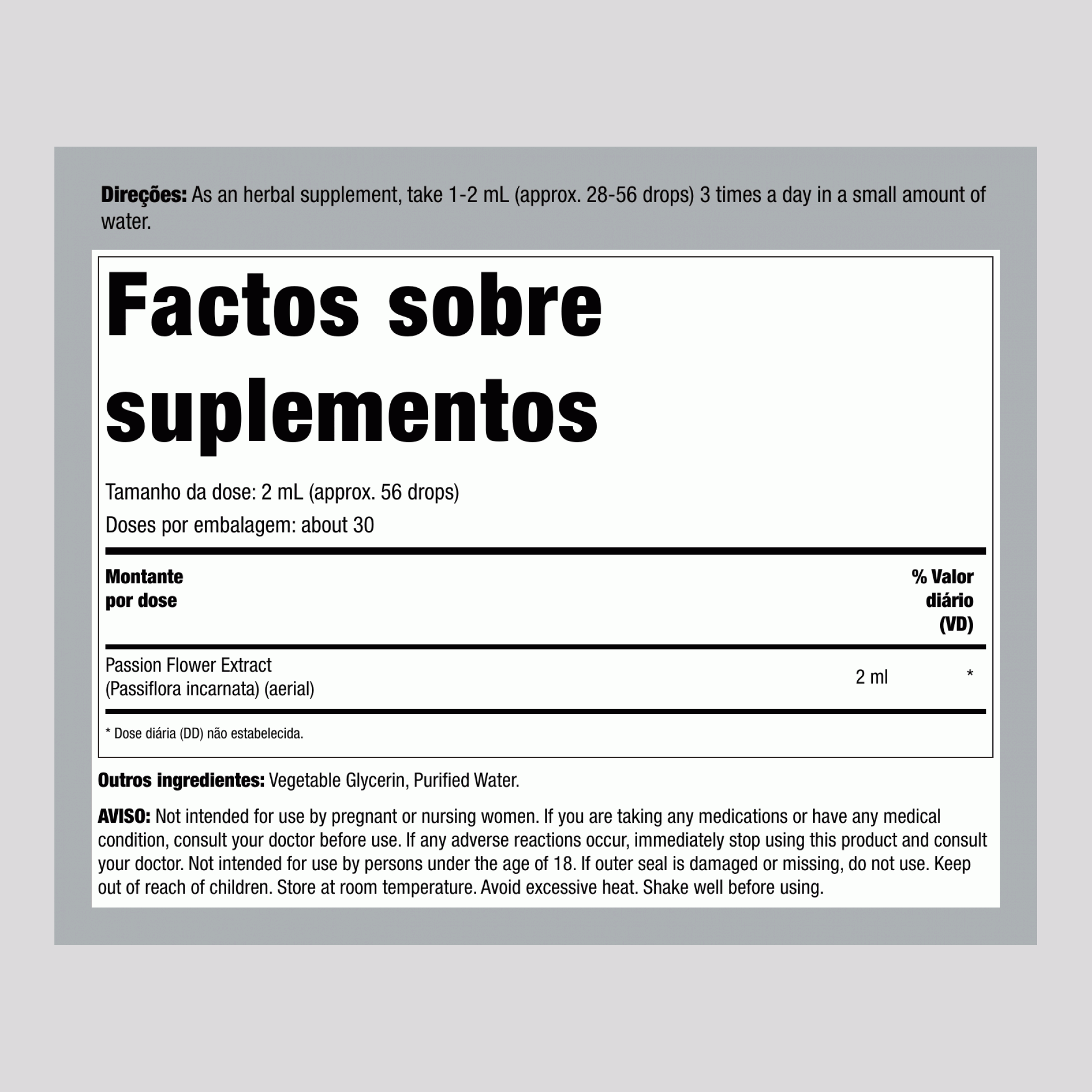 Extrato Líquido de Flor de Maracujá Sem Álcool, Frasco com Conta-gotas de 59 mL (2 fl oz)