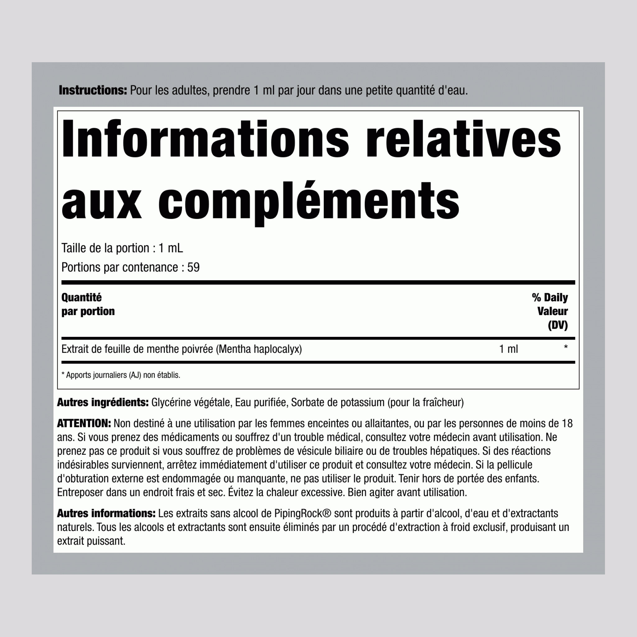Extrait Liquide de Feuille de Menthe Poivrée Sans Alcool, Flacon Compte-Gouttes de 2 fl oz (59 mL)