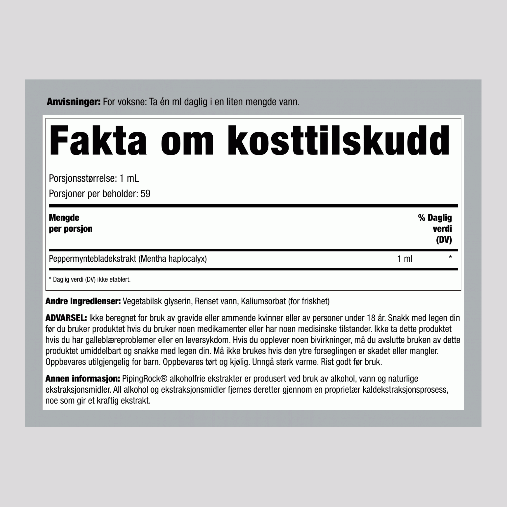 Flytende ekstrakt av peppermynteblad uten alkohol, 2 fl oz (59 mL) pipetteflaske