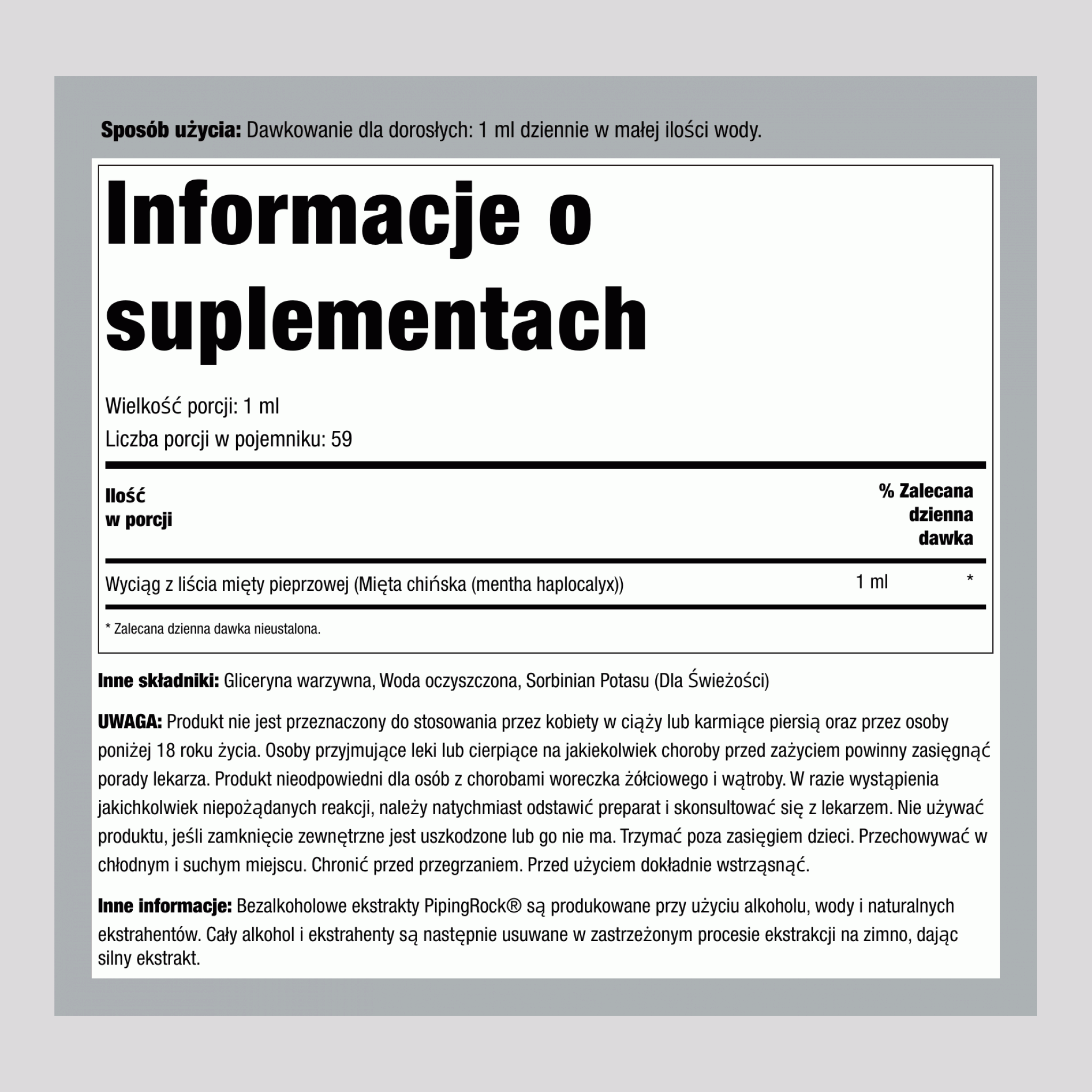 Ekstrakt z liści mięty pieprzowej bez alkoholu, 2 fl oz (59 mL), butelka z zakraplaczem