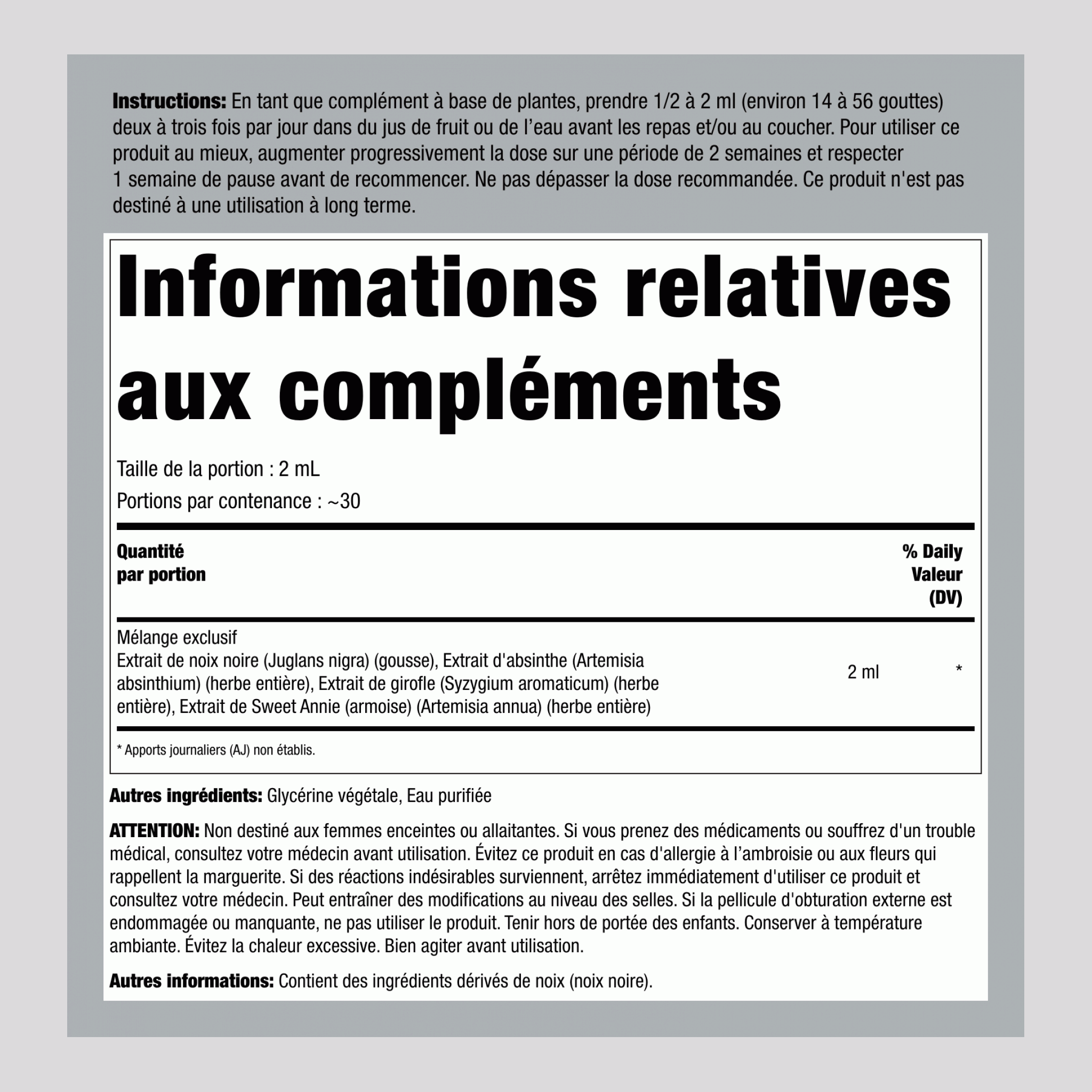 Extrait Liquide de Noyer Noir et Absinthe Sans Alcool, 2 fl oz (59 mL) Flacon Compte-gouttes