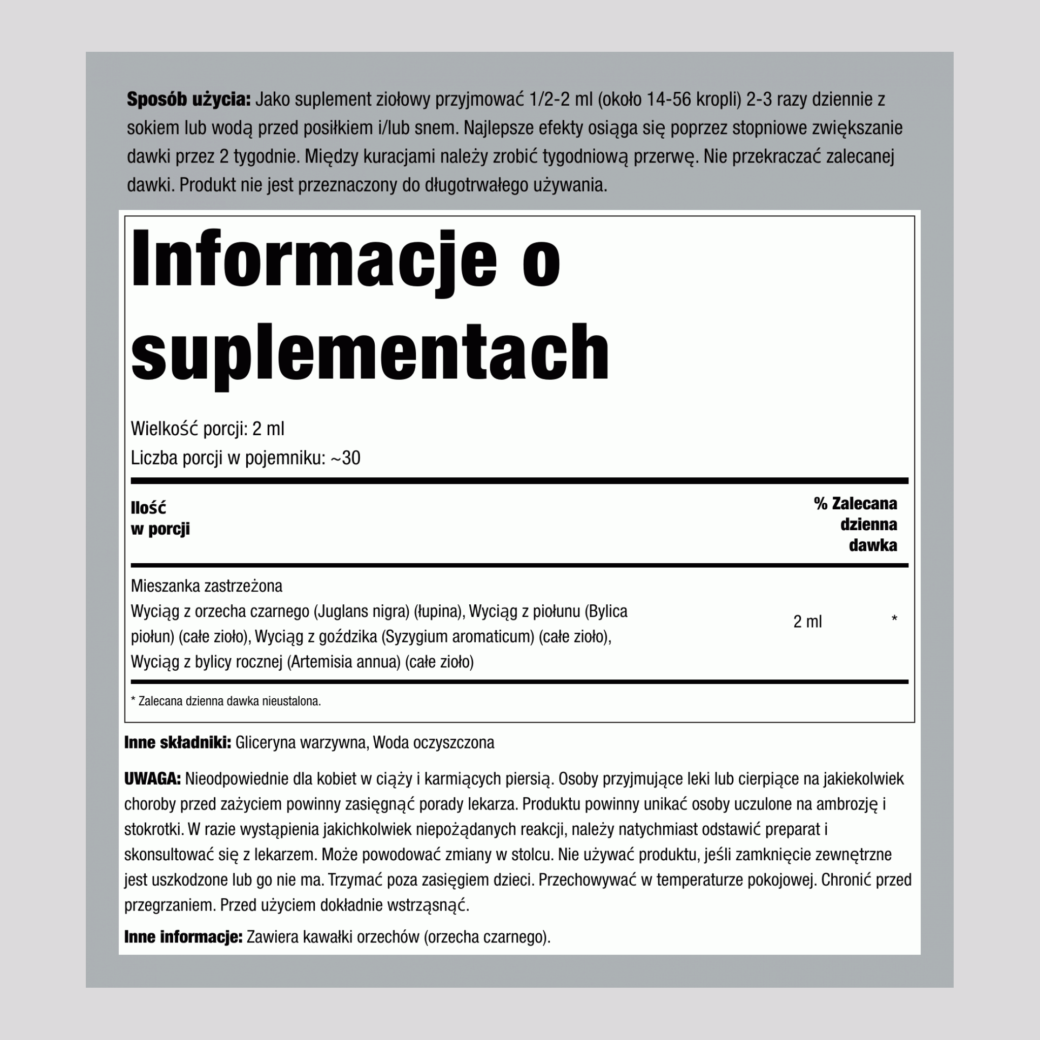 Płynny ekstrakt z czarnego orzecha i bylicy piołun, bez alkoholu, 2 fl oz (59 mL) butelka z zakraplaczem