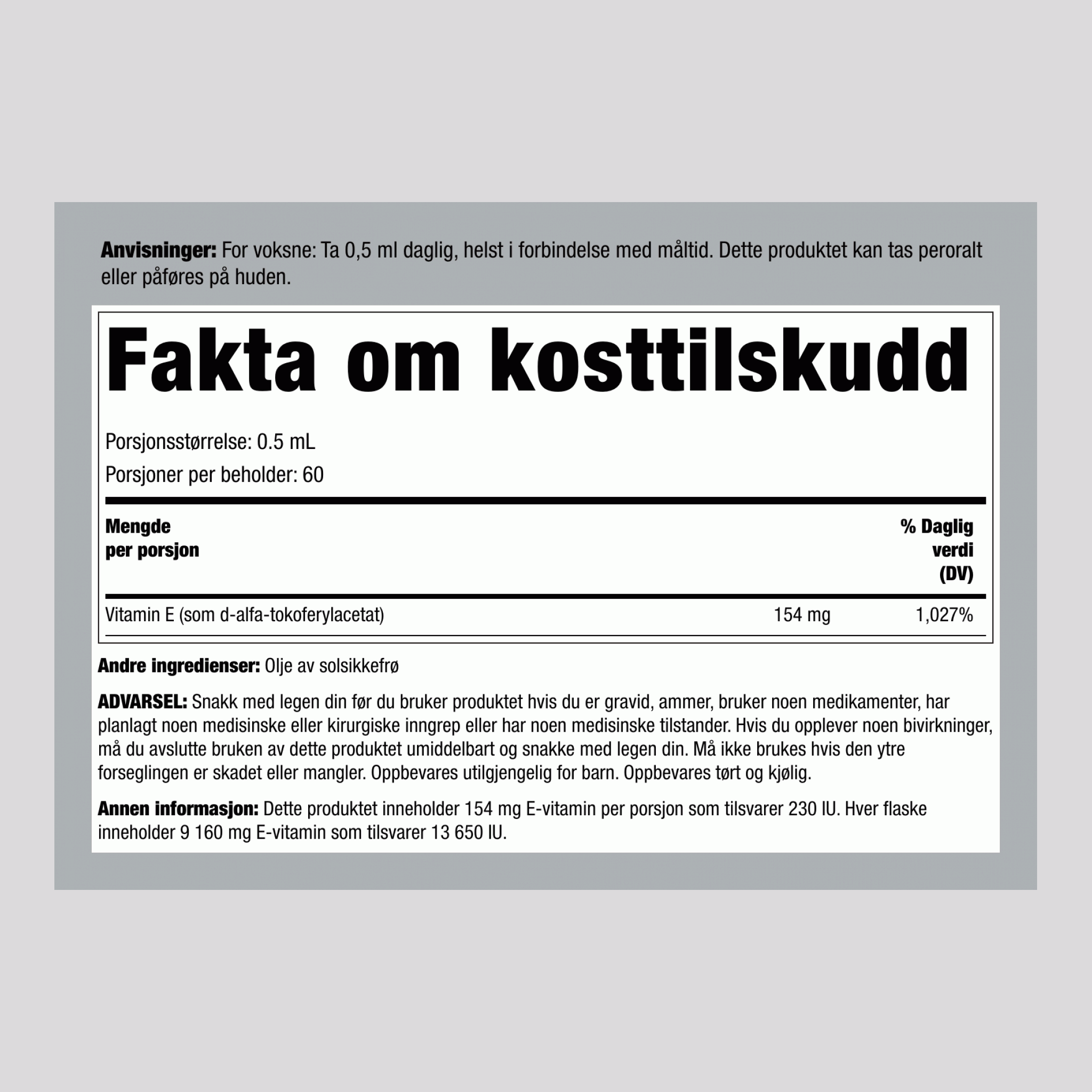 100% Naturlig Vitamin E-Olje, 13,800 IU, 1 fl oz (30 mL) Pipetteflaske