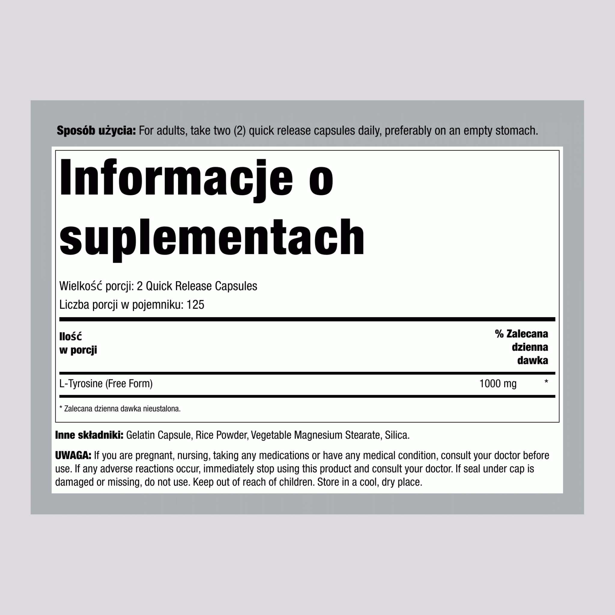 L-Tyrosine, 1000 mg (per serving), 250 Capsules