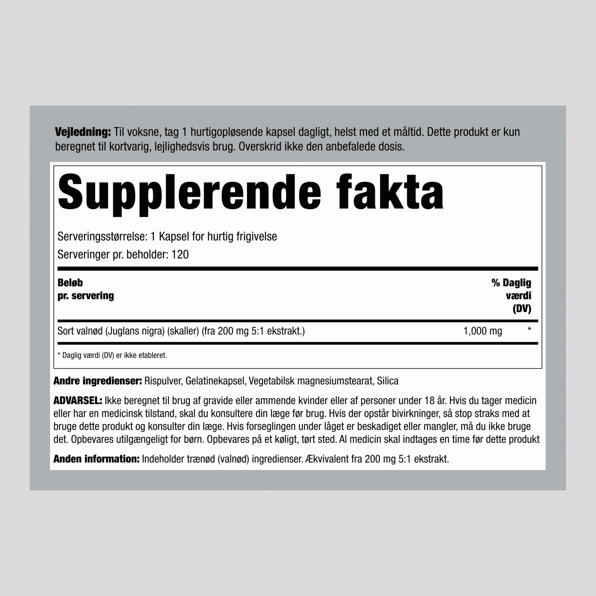 Sort Valnøddeskaller, 1000 mg, 120 Hurtigfrigivelseskapsler