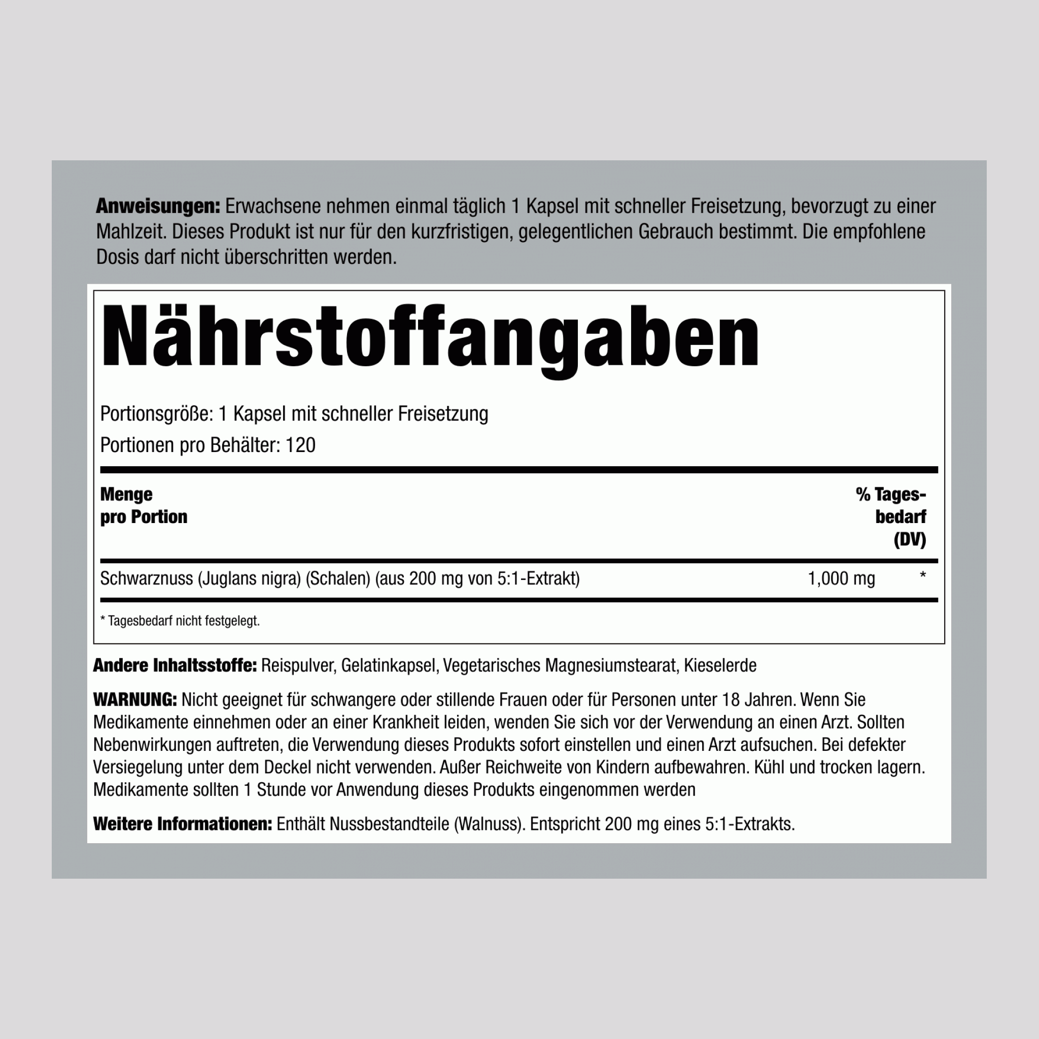 Schwarze Walnussschalen, 1000 mg, 120 Schnellfreigabekapseln