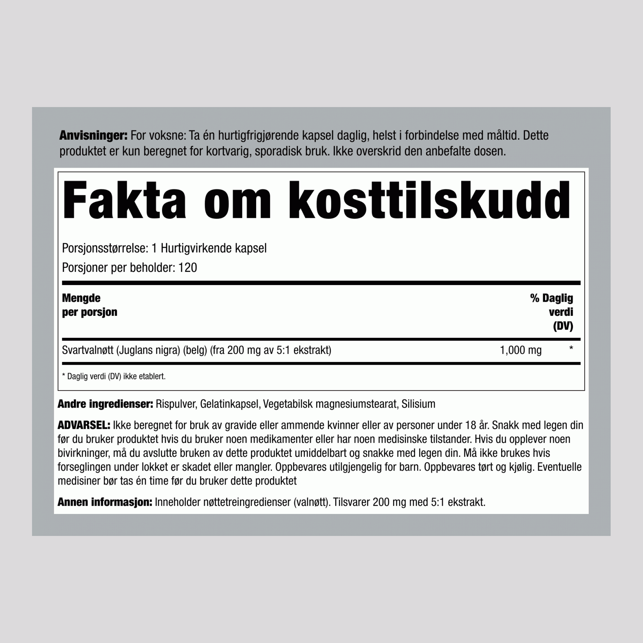 Svarte Valnøttskall, 1000 mg, 120 Hurtigvirkende Kapsler