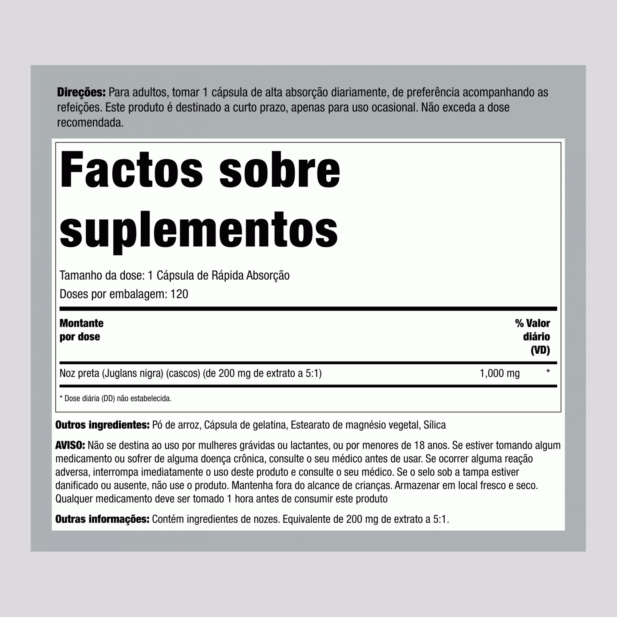 Cascas de Noz Preta, 1000 mg, 120 Cápsulas de Liberação Rápida