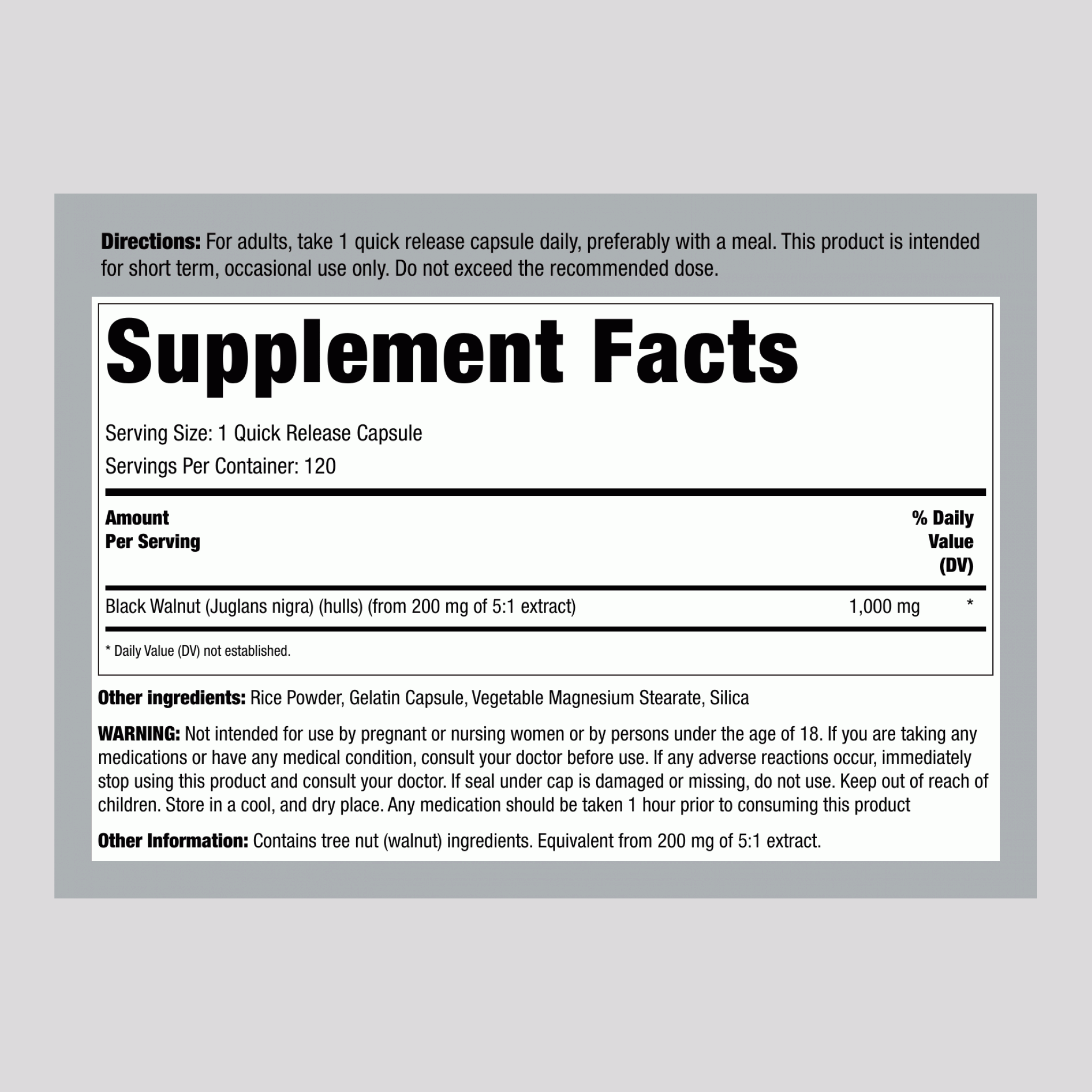 黑胡桃殼，1000 毫克，120 粒快釋膠囊