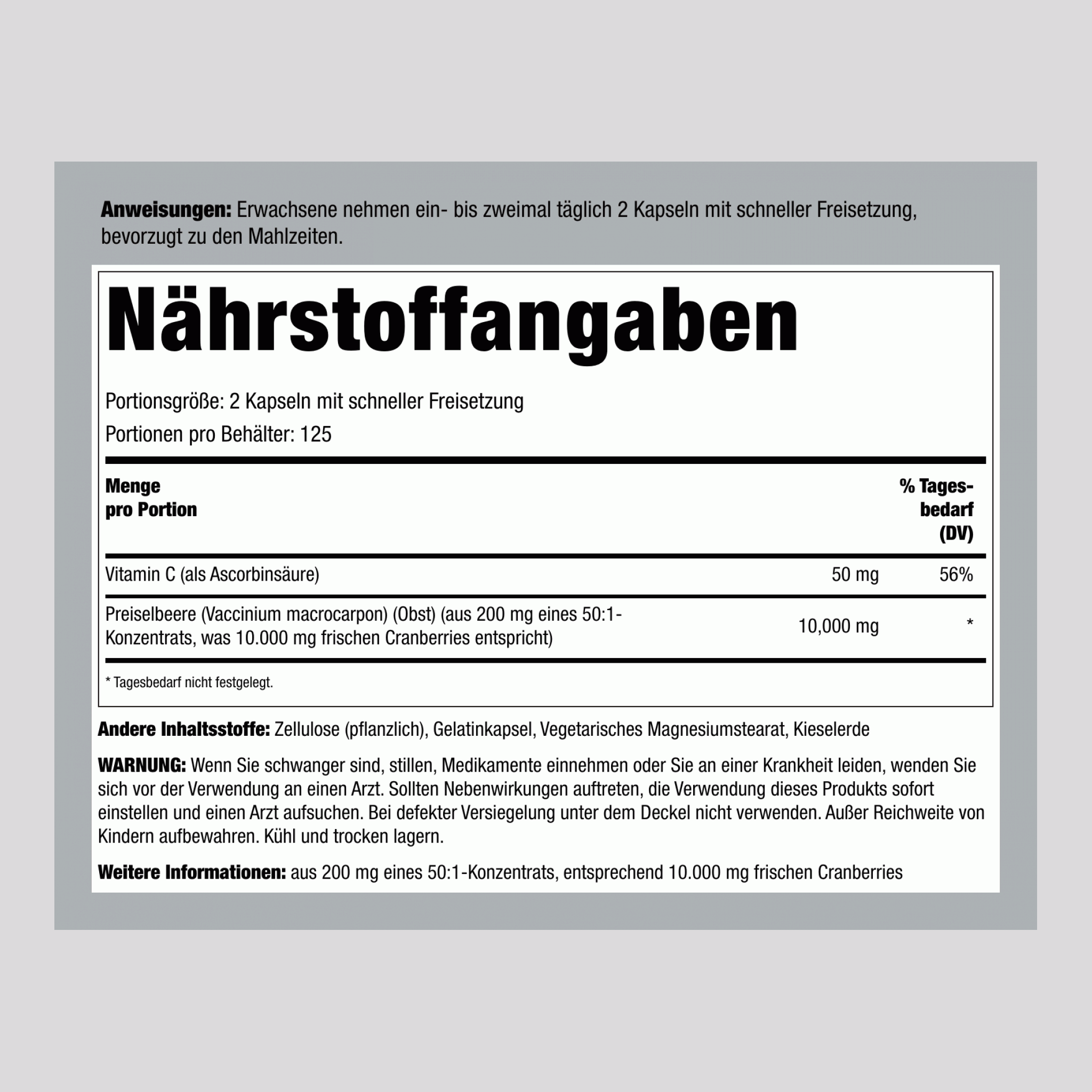 Cranberry-Konzentrat plus Vitamin C, 15.000 mg (pro Portion), 250 Kapseln