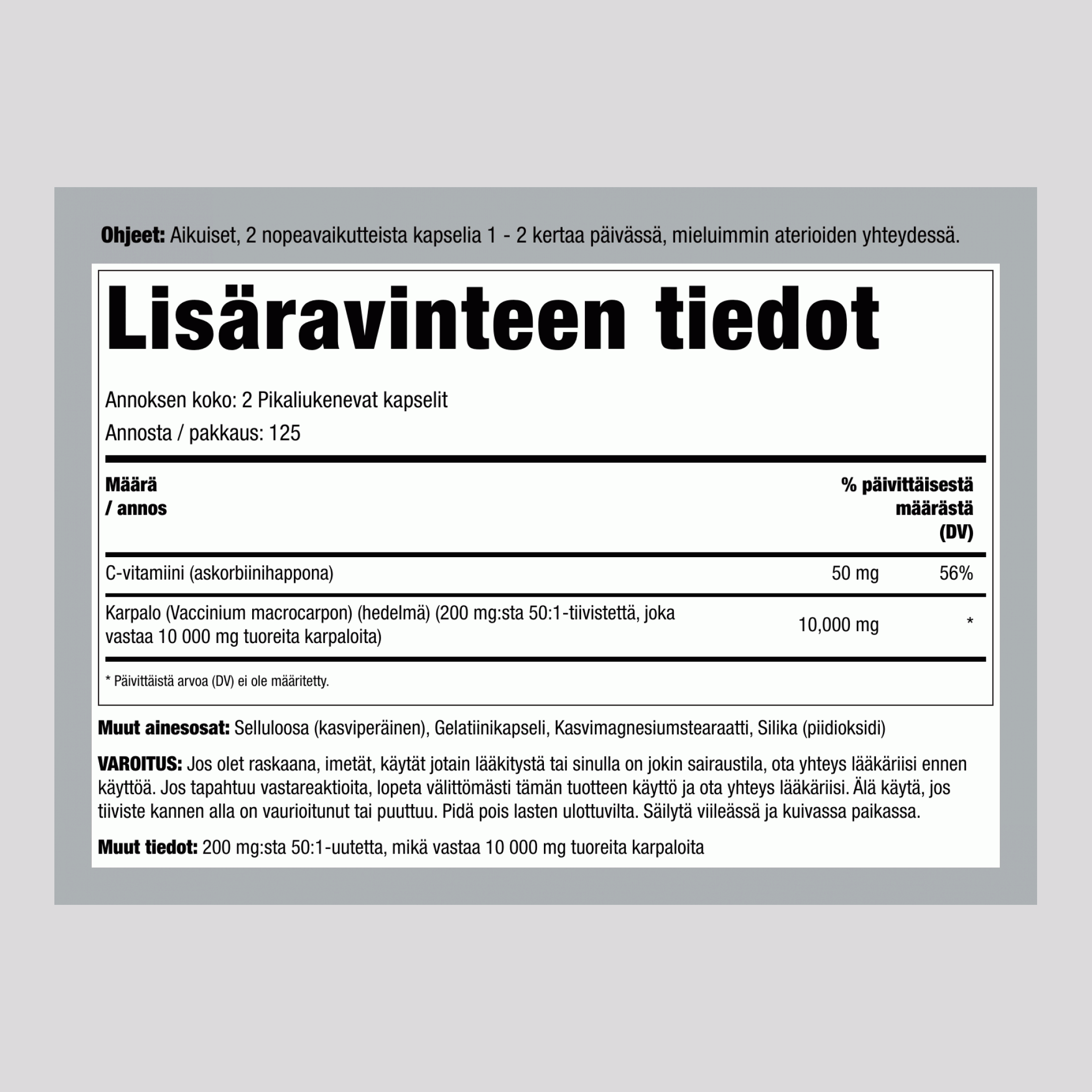 Karpalokonsentraatti + C-vitamiini, 15 000 mg (annosta kohti), 250 kapselia