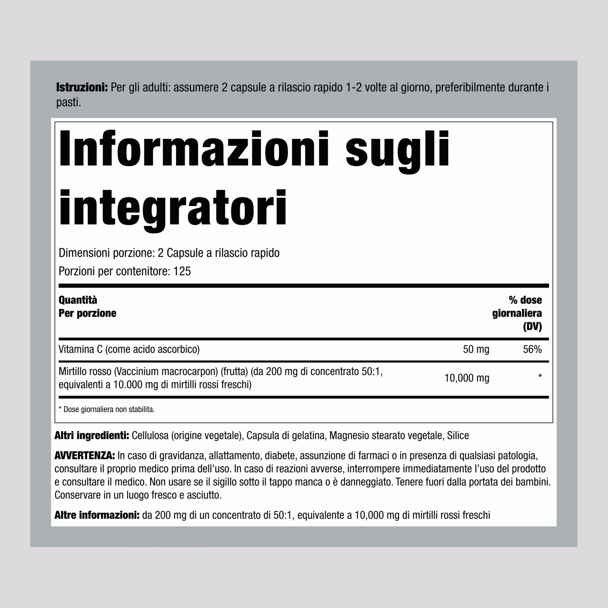 Concentrato di Mirtillo Rosso Più Vitamina C, 15.000 mg (per porzione), 250 Capsule