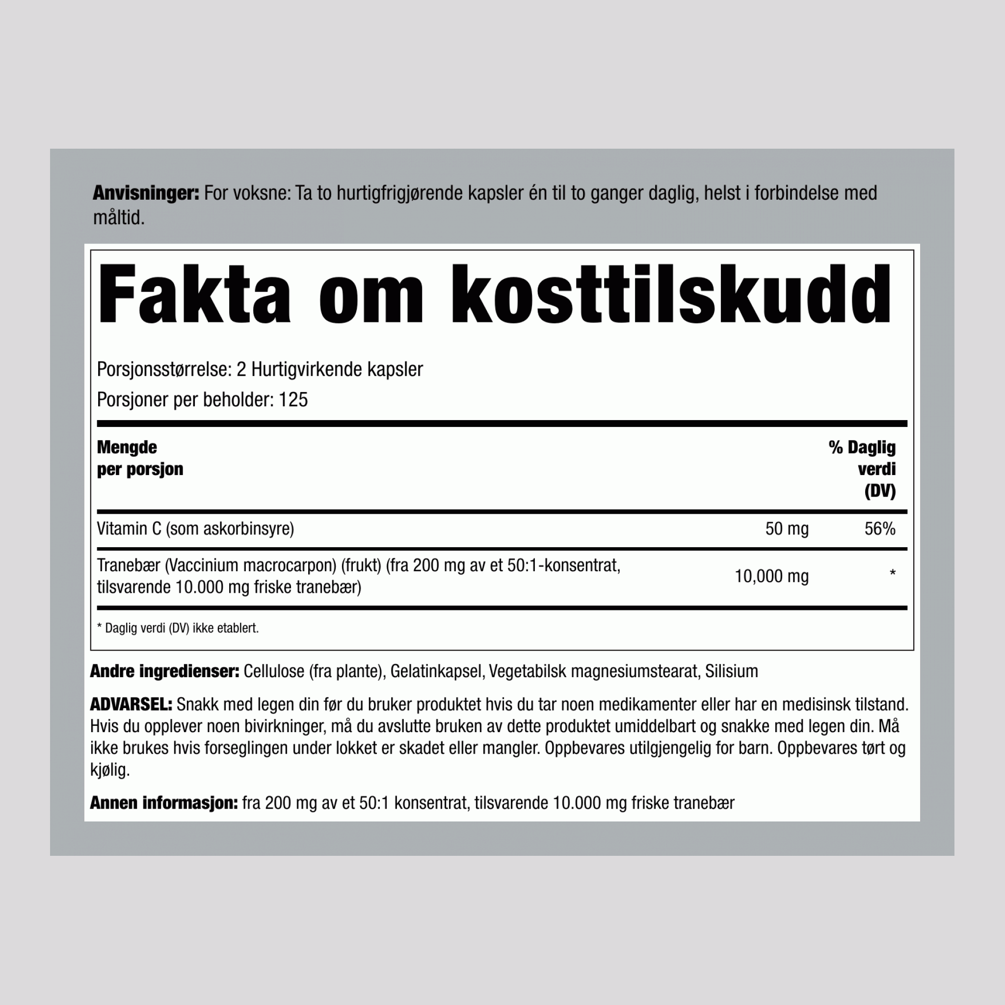 Tranebærkonsentrat pluss vitamin C, 15 000 mg (per porsjon), 250 kapsler