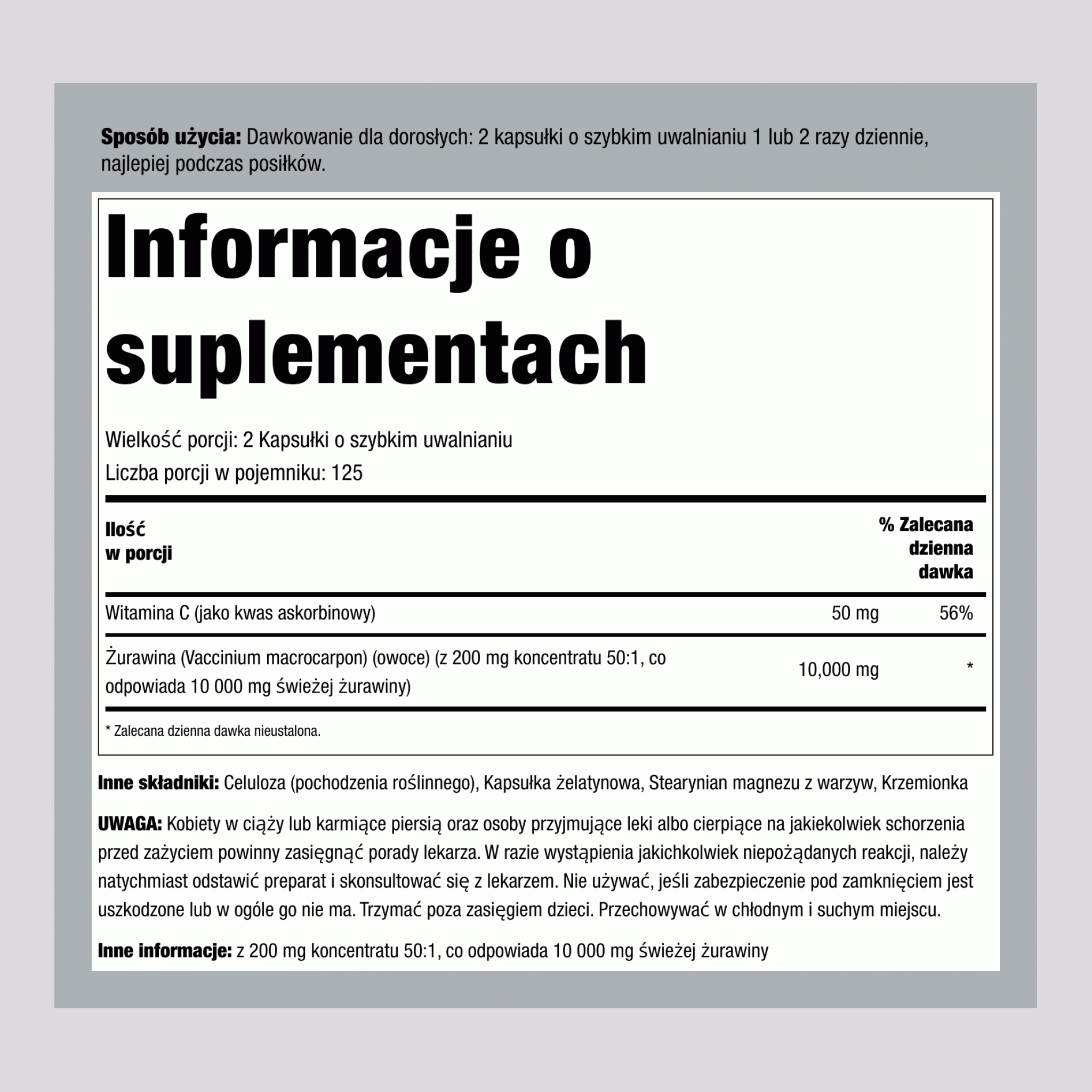 Koncentrat żurawinowy Plus Witamina C, 15 000 mg (na porcję), 250 kapsułek