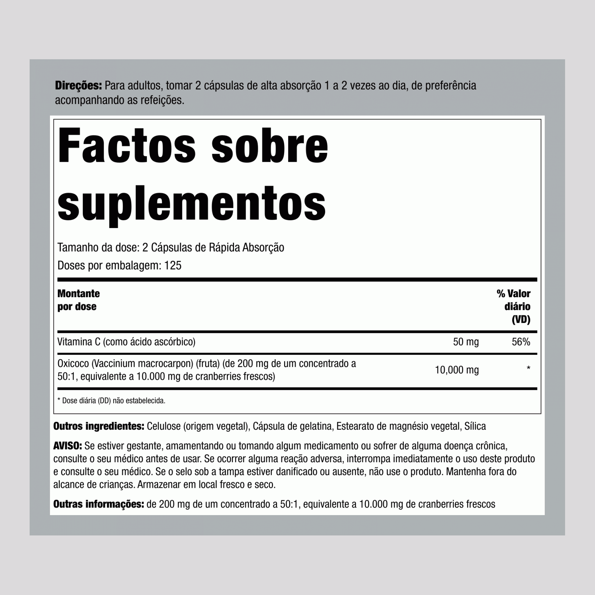 Concentrado de Cranberry Plus Vitamina C, 15.000 mg (por porção), 250 Cápsulas