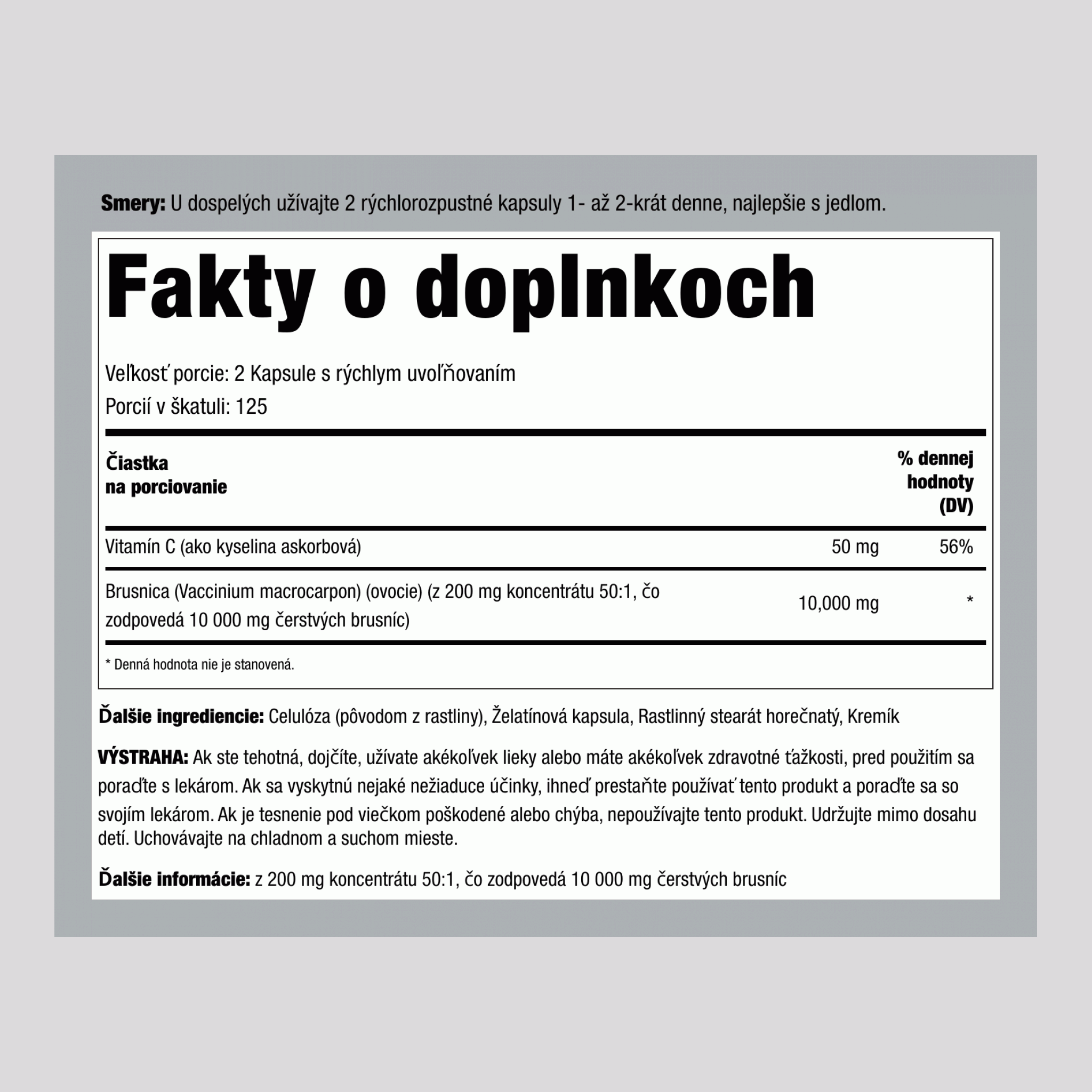 Brusnicový koncentrát plus vitamín C, 15 000 mg (na porciu), 250 kapsúl