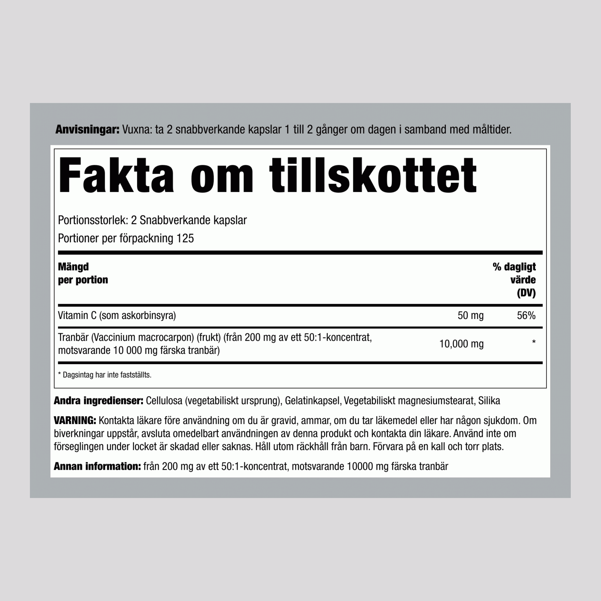 Tranbärskoncentrat Plus Vitamin C, 15 000 mg (per portion), 250 kapslar