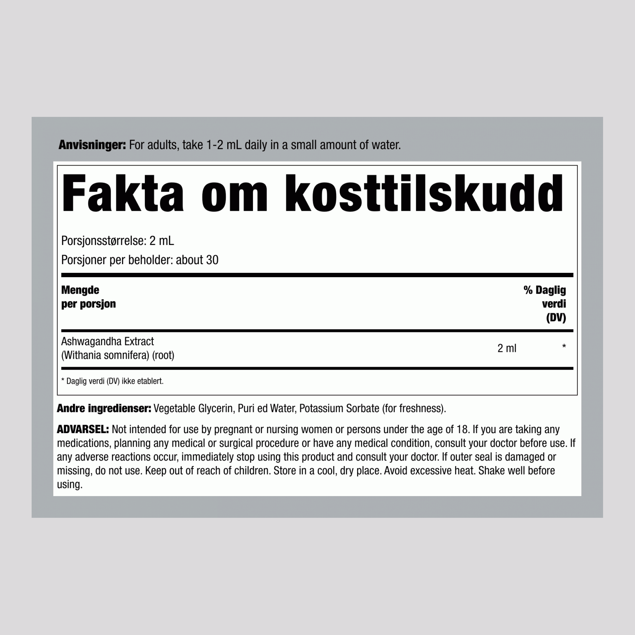 Ashwagandha flytende ekstrakt uten alkohol, 59 ml dråpeflaske