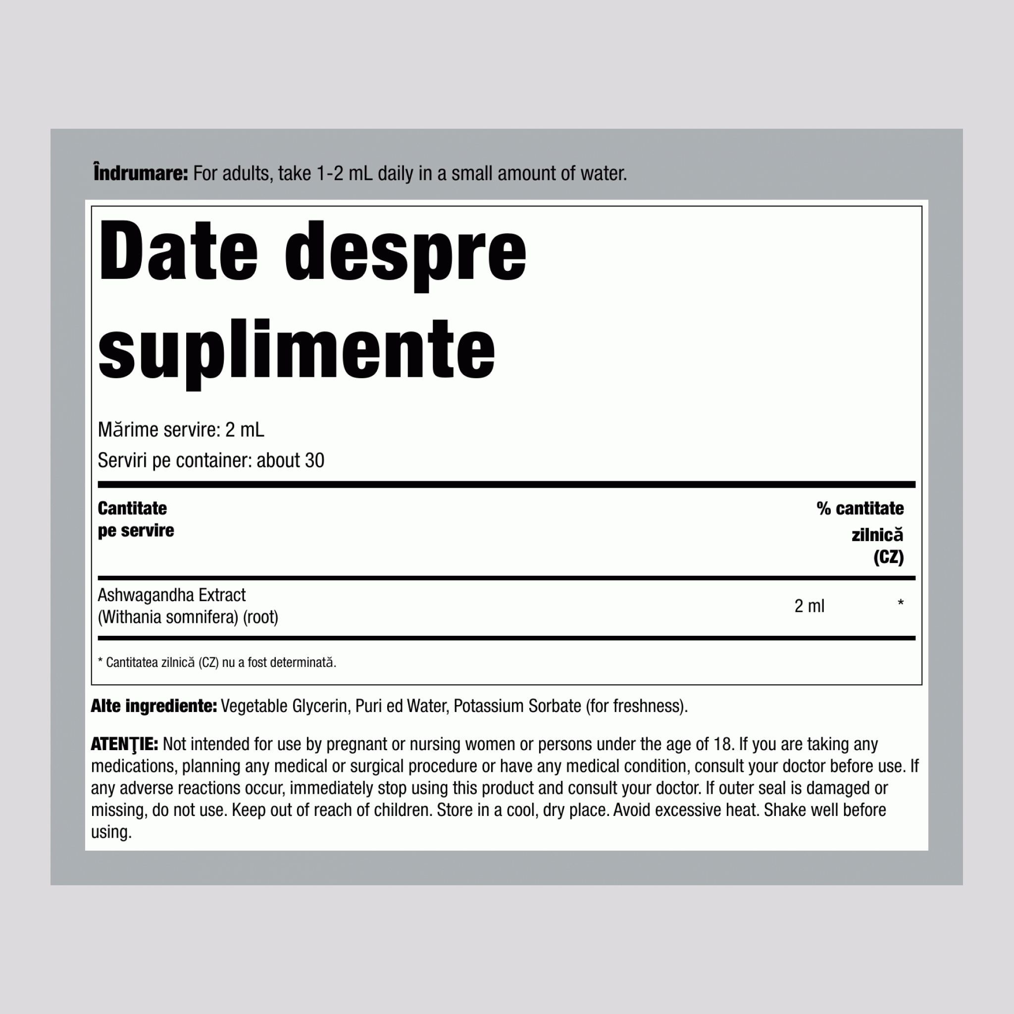 Extract lichid de Ashwagandha fără alcool, sticlă cu pipetă, 59 ml (2 fl oz)