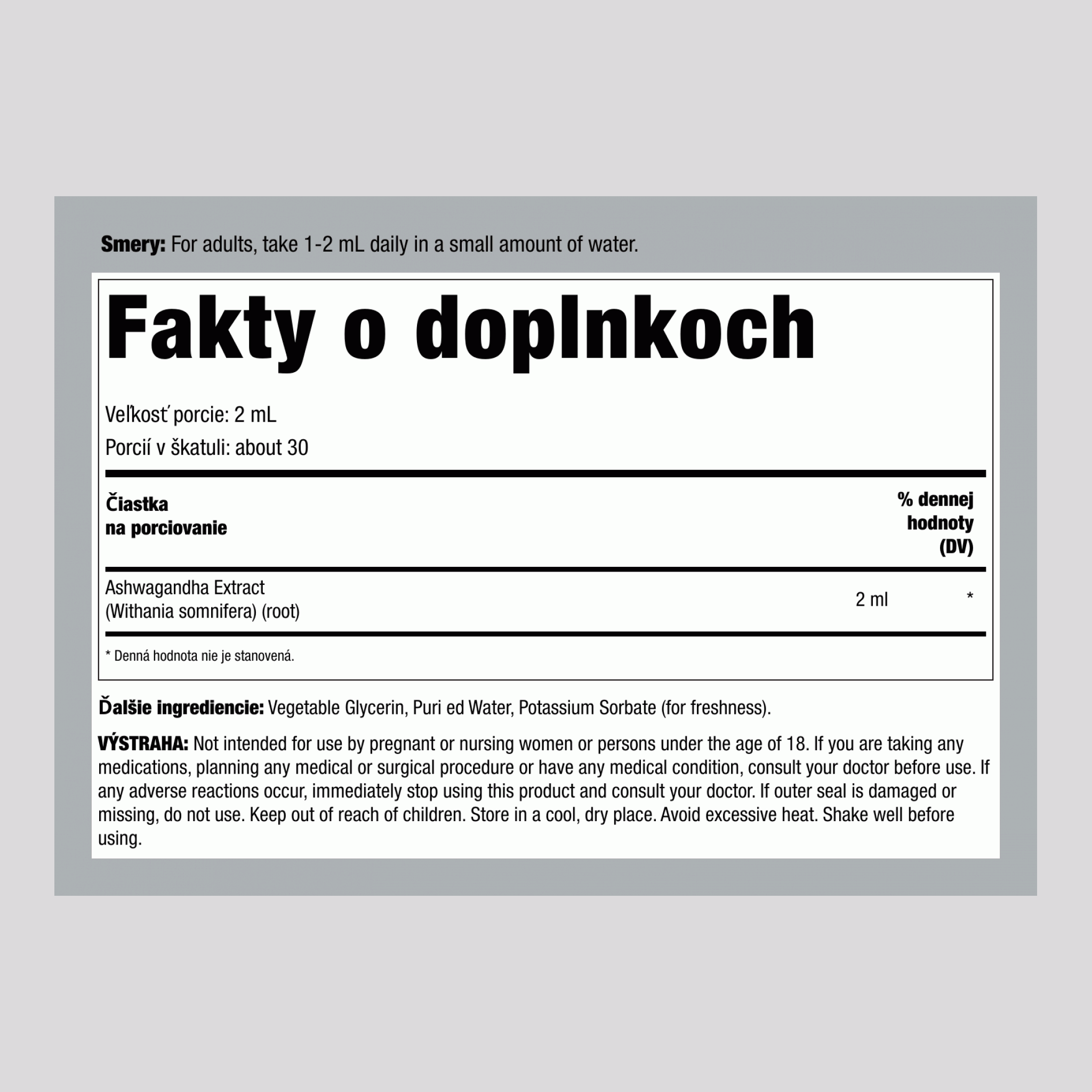 Tekutý extrakt z ašvagandy bez alkoholu, kvapkadlová fľaštička 59 ml