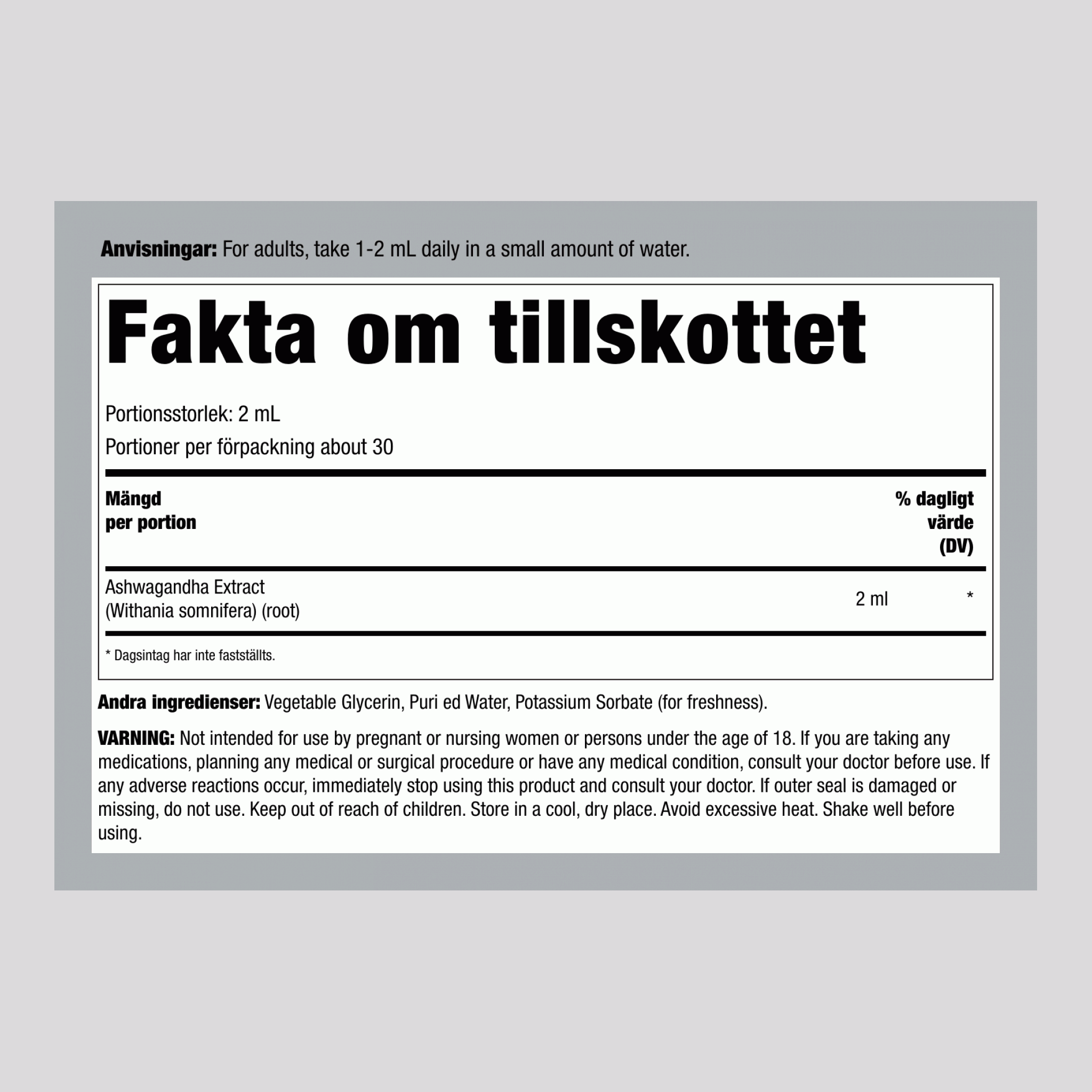 Ashwagandha flytande extrakt alkoholfritt, 59 ml droppflaska