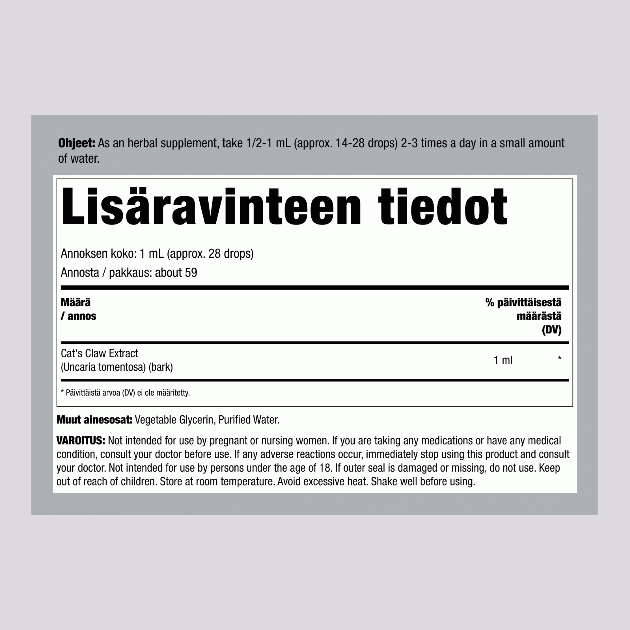 Kissankynnen nestemäinen uute (Una De Gato) alkoholiton, 59 ml tiputuspullo