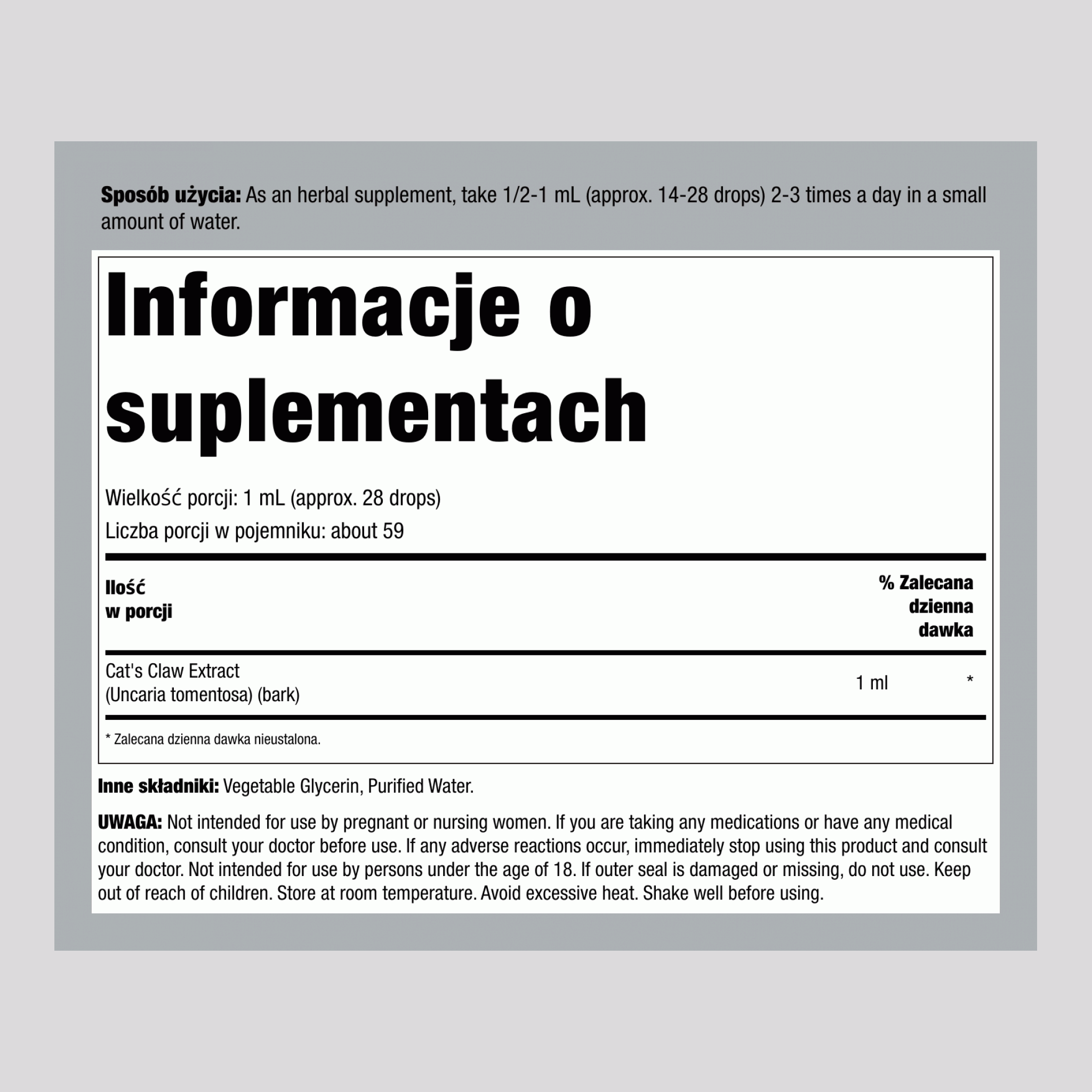 Ekstrakt płynny z kociego pazura (Una De Gato) bez alkoholu, butelka z zakraplaczem, 59 ml (2 fl oz)