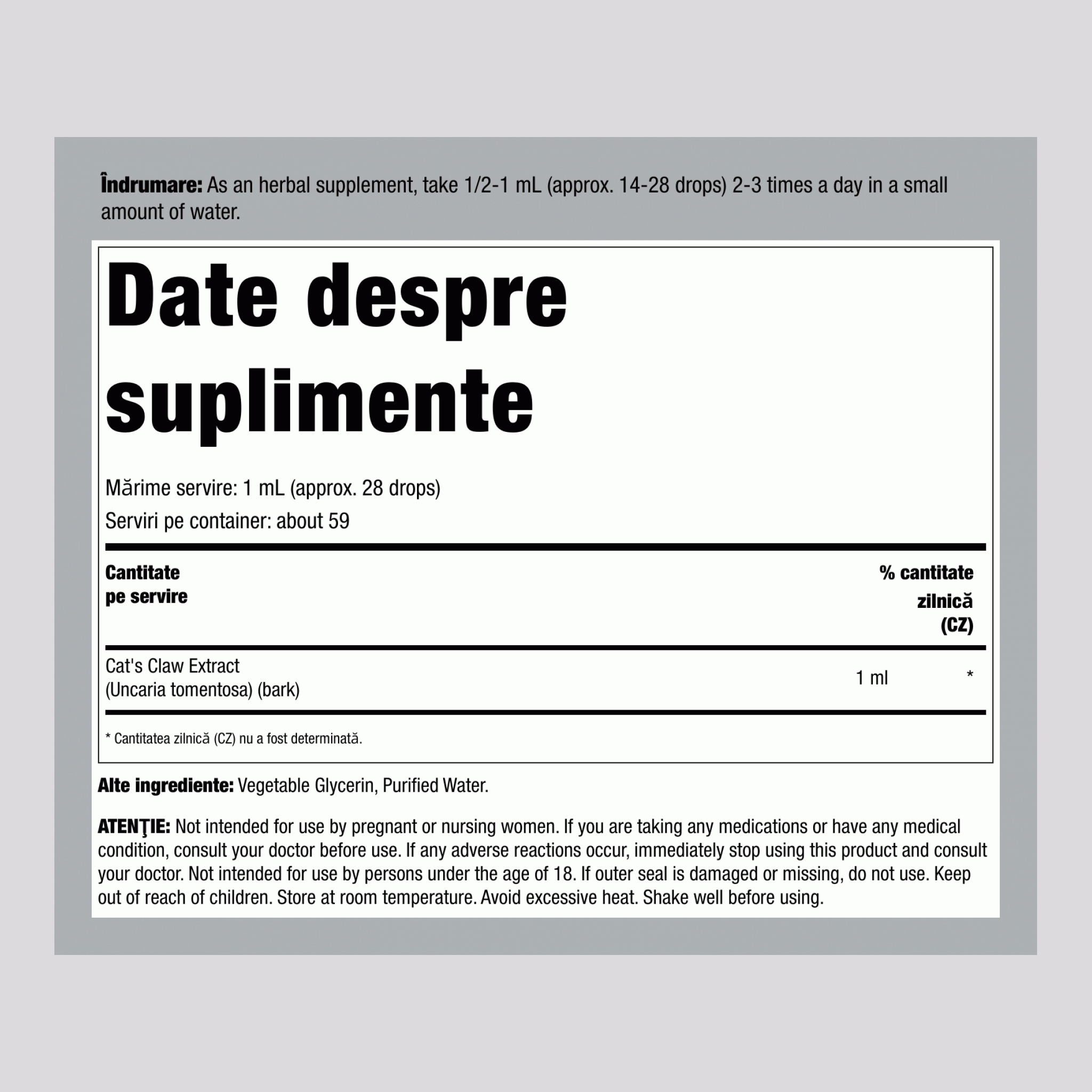 Extract lichid din gheara pisicii (Una De Gato) fără alcool, 2 fl oz (59 mL) Sticlă cu picurător