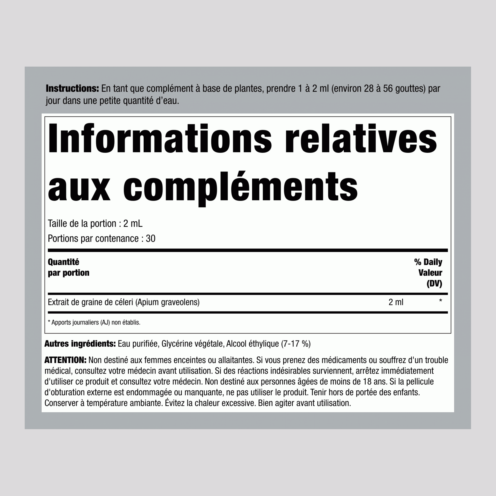 Extrait liquide de graines de céleri, flacon compte-gouttes de 2 fl oz (59 mL)