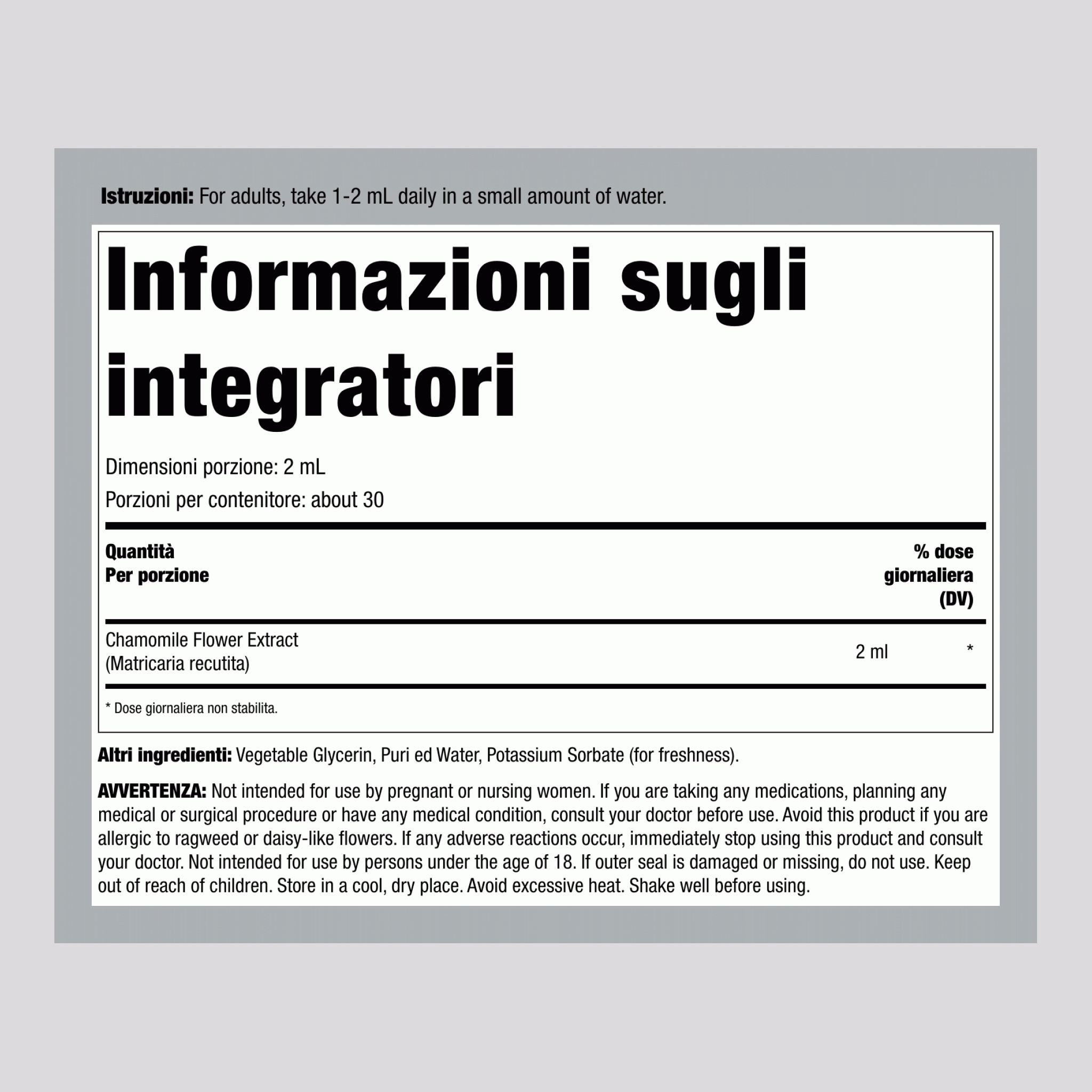 Estratto Liquido di Fiori di Camomilla senza Alcol, Flacone con Contagocce da 59 mL (2 fl oz)