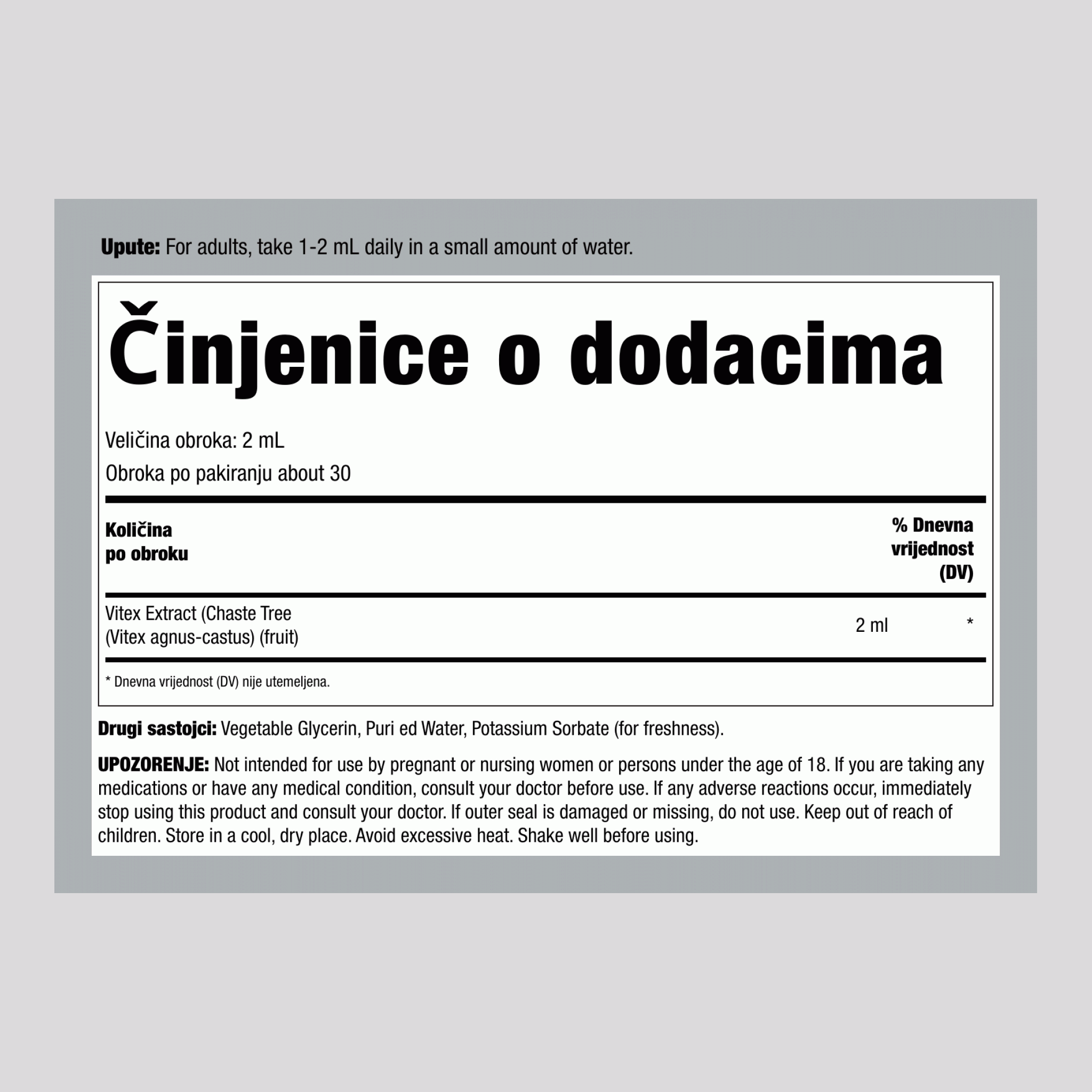 Tekući ekstrakt bobica drveta čednosti (Vitex) bez alkohola, kapaljka boca od 59 mL (2 fl oz)