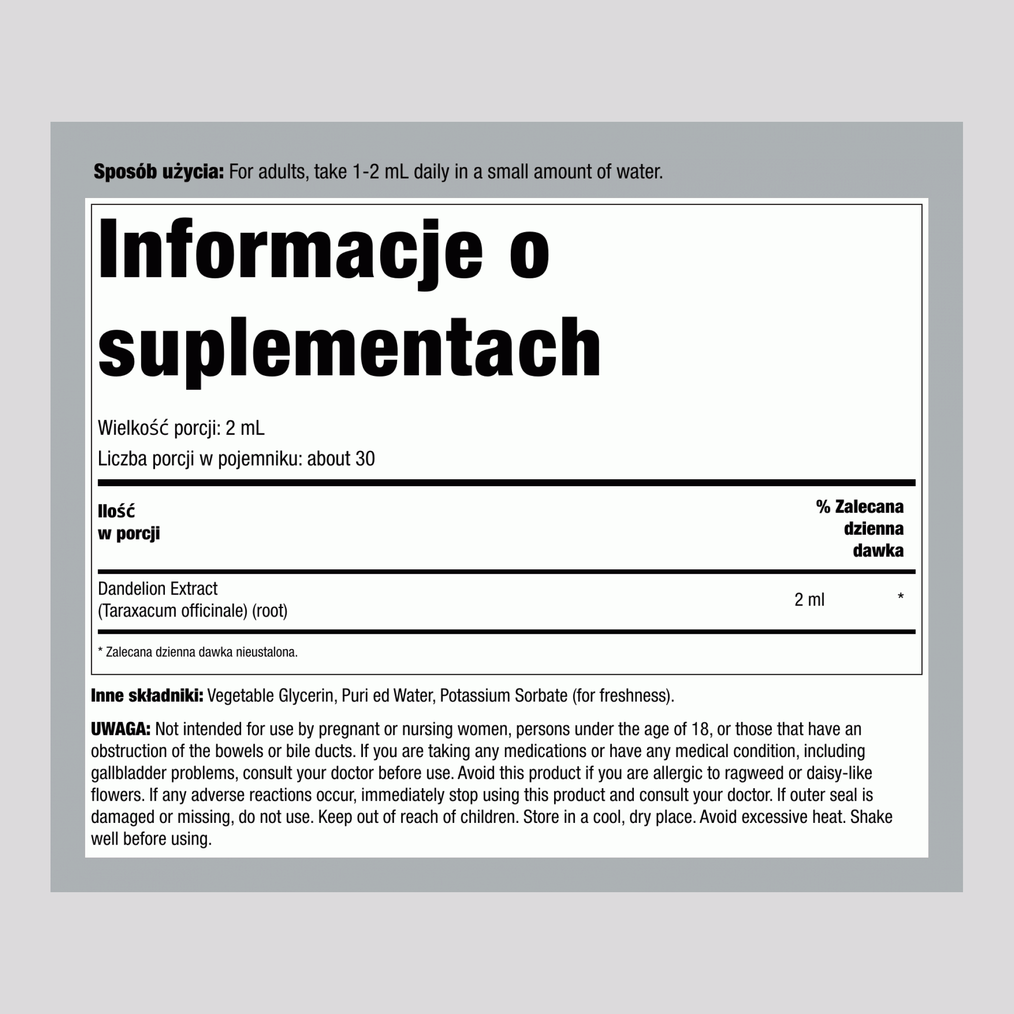 Płynny ekstrakt z mniszka lekarskiego bez alkoholu, butelka z zakraplaczem 2 uncje płynu (59 mL)