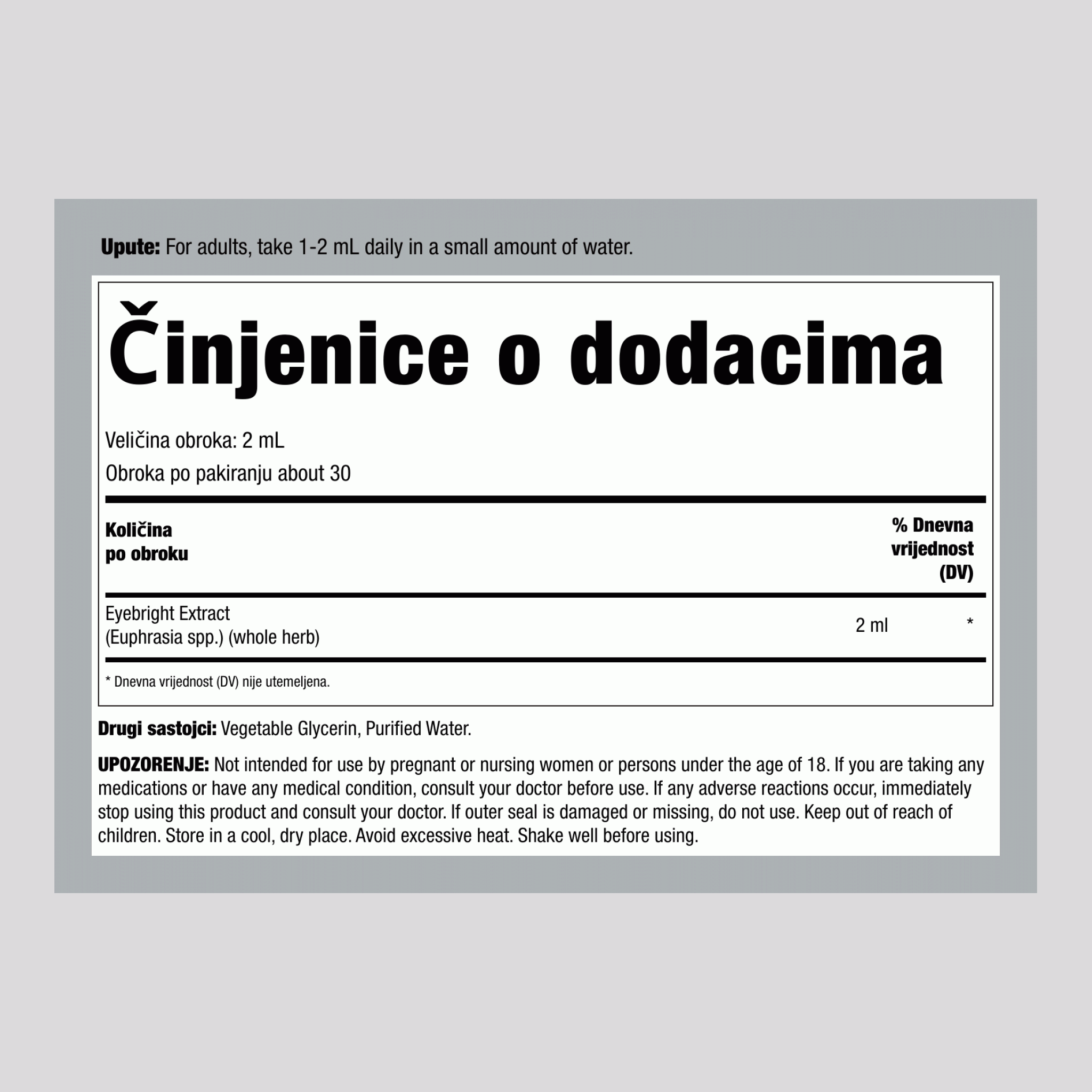 Tinktura od biljke Eyebright bez alkohola, 59 mL bočice s kapaljkom