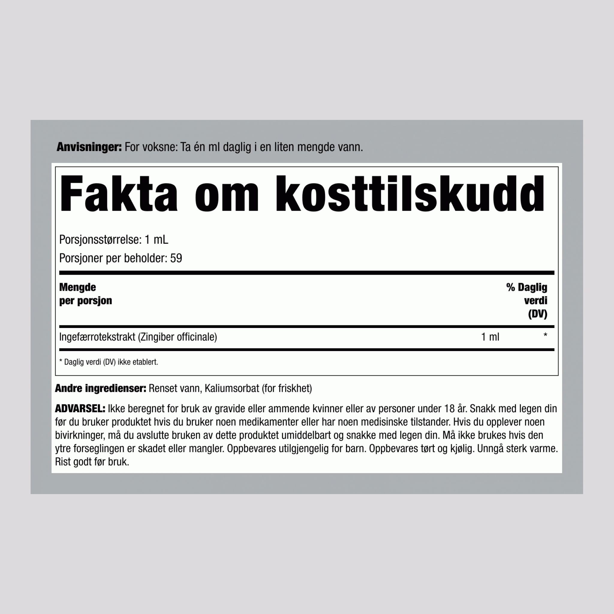 Flytende ingefærrotekstrakt uten alkohol, 59 ml dråpeflaske