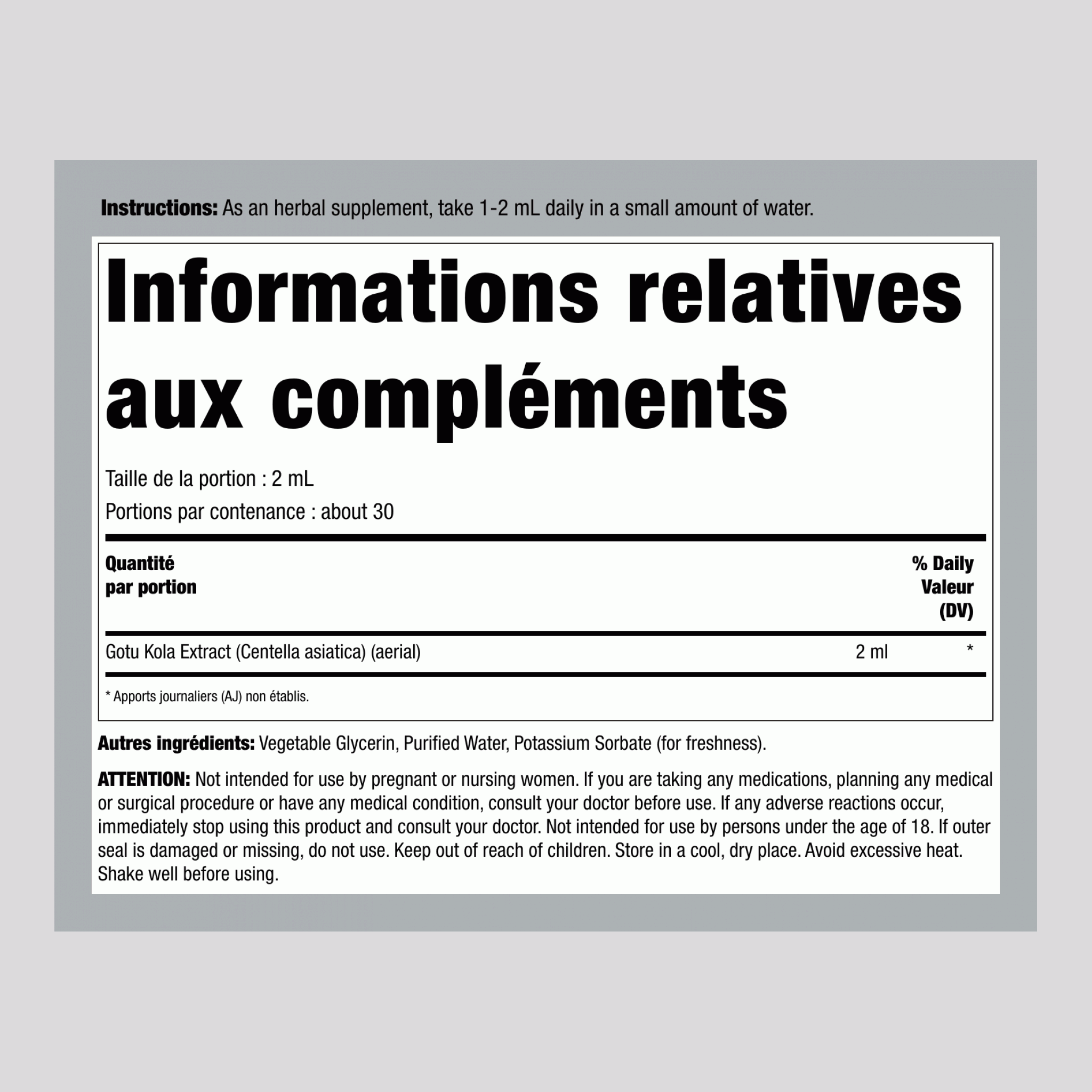 Extrait Liquide de Gotu Kola Sans Alcool, Bouteille avec Compte-gouttes de 59 ml (2 oz)