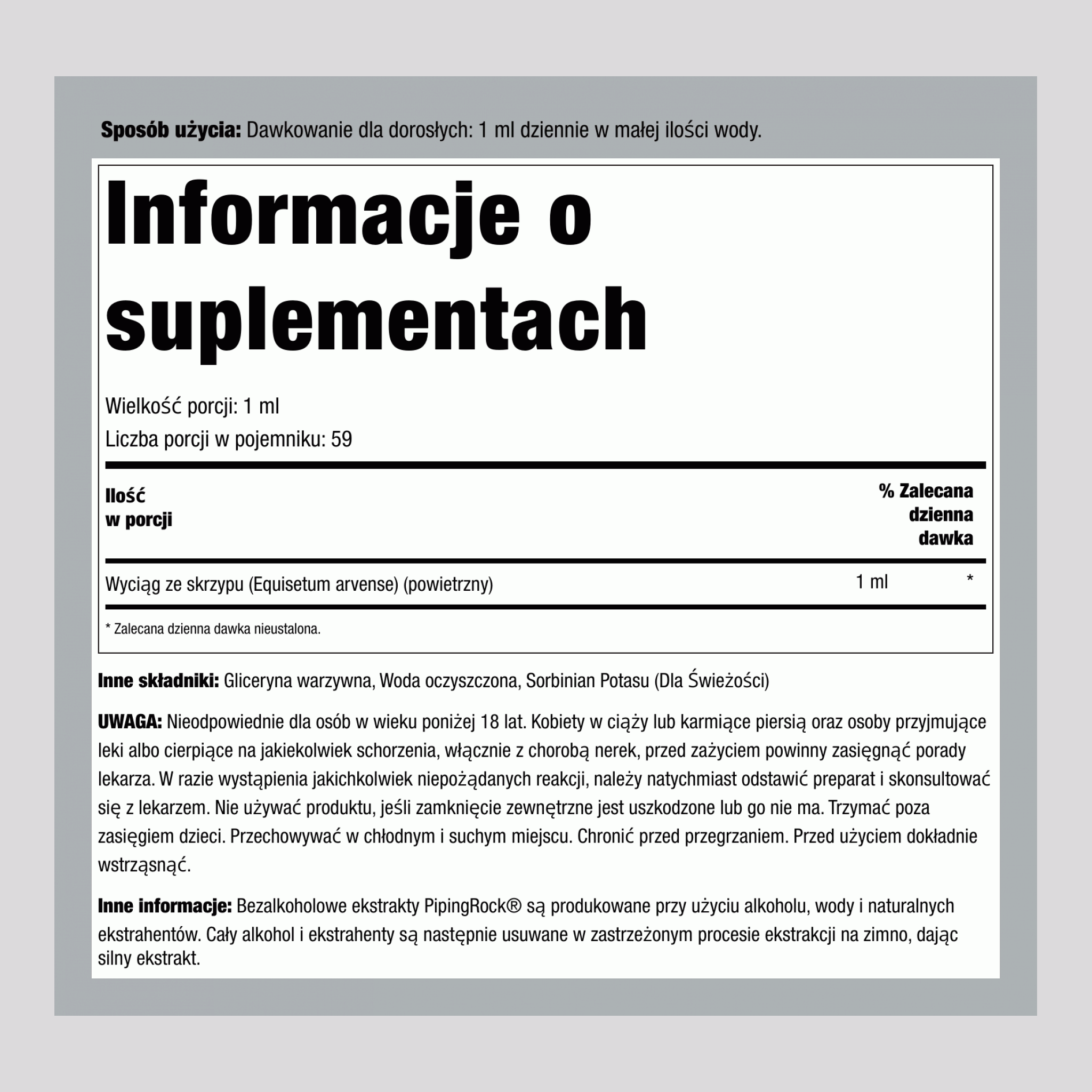 Bezalkoholowy Ekstrakt z Skrzypu Polnego w Płynie, Butelka z Pipetą 2 fl oz (59 mL)