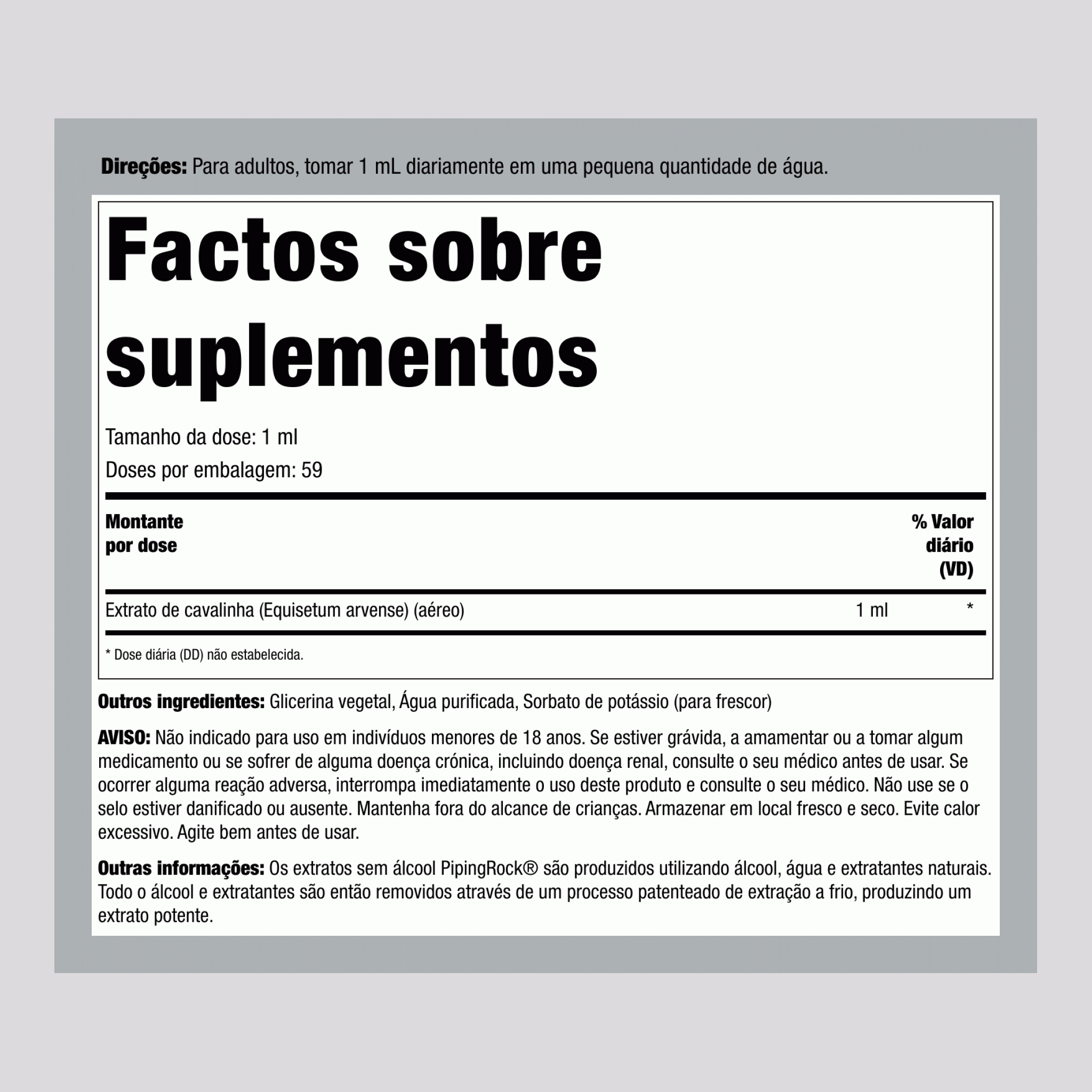 Extrato Líquido de Cavalinha Sem Álcool, Frasco de 59 ml (2 fl oz) com Conta-gotas