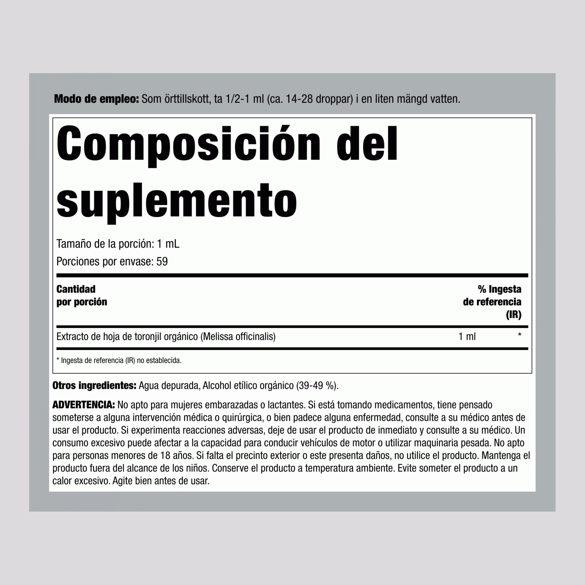 Extracto Líquido de Toronjil, Botella con Gotero de 2 fl oz (59 mL)